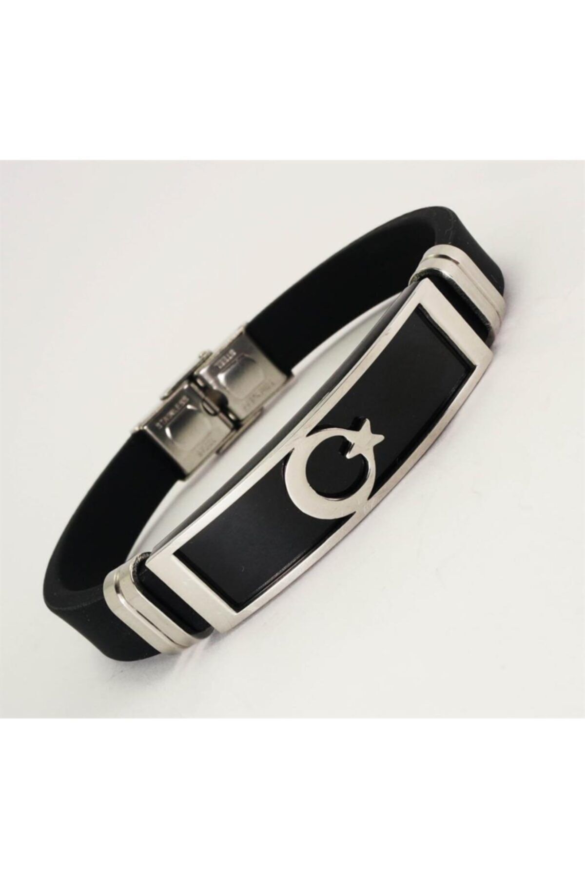 OSMANLI GÜMÜŞ-Crescent Star Flag Rubber Steel Men's Bracelet 1