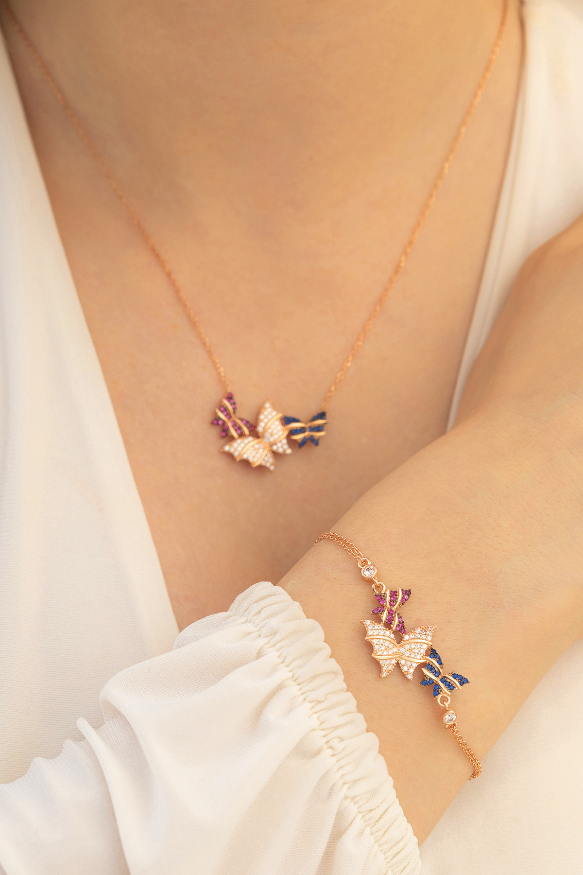 OSMANLI GÜMÜŞ Kadın Gümüş Kolye Bileklik Set - Rose Kelebek Model Gümüş Kolye Bileklik Set
