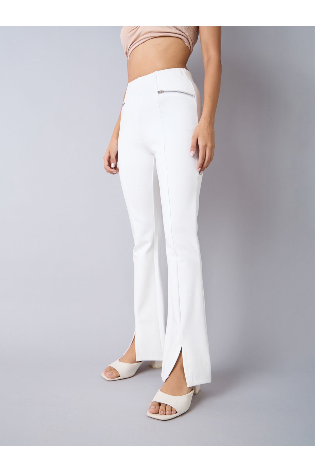 NOH-VOH By Styli-Front Slit Flared Pants with Zipper Detail 3