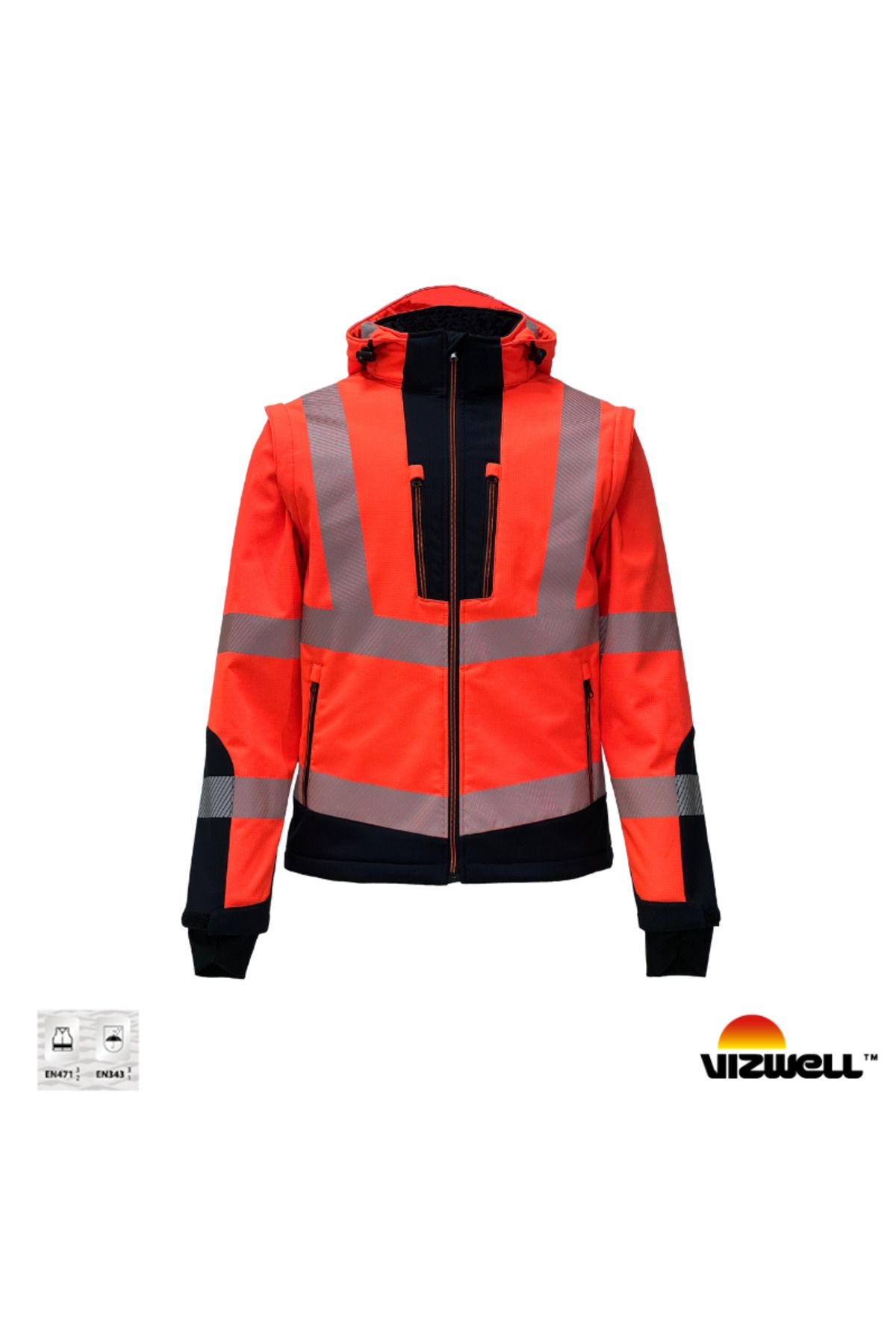 Vizwell ™ VWJK521 Reflektörlü Ripstop Softshell Kollar Çıkmalı Teknik Mont Turuncu