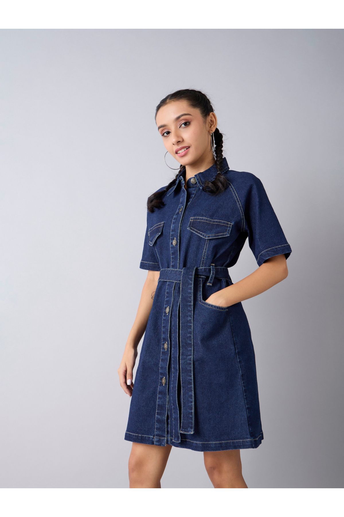 NOH-VOH By Styli-Acid Wash Denim Collared Shirt Dress with Tie Up Belt 3