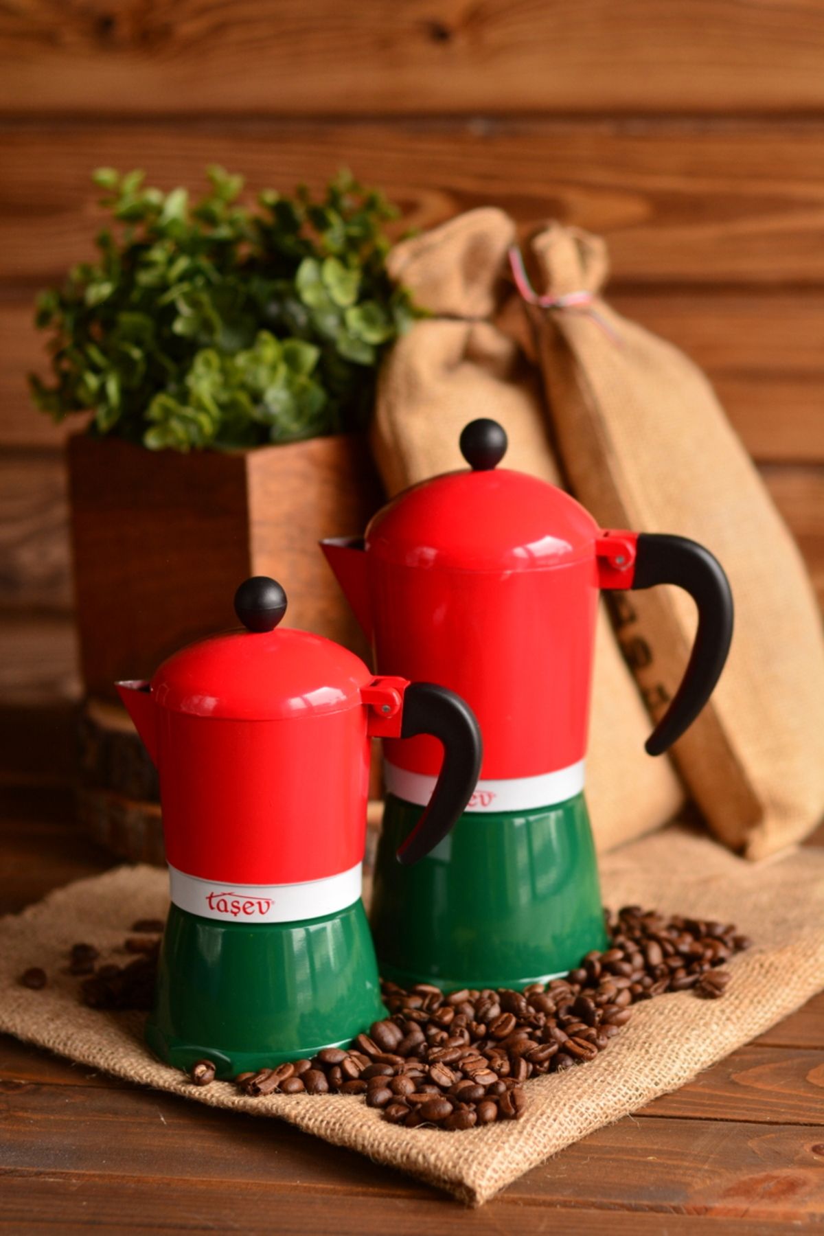 Taşev Adamo - Moka Pot 3 Fincan ve 6 Fincan 2'li Set Kırmızı&Yeşil