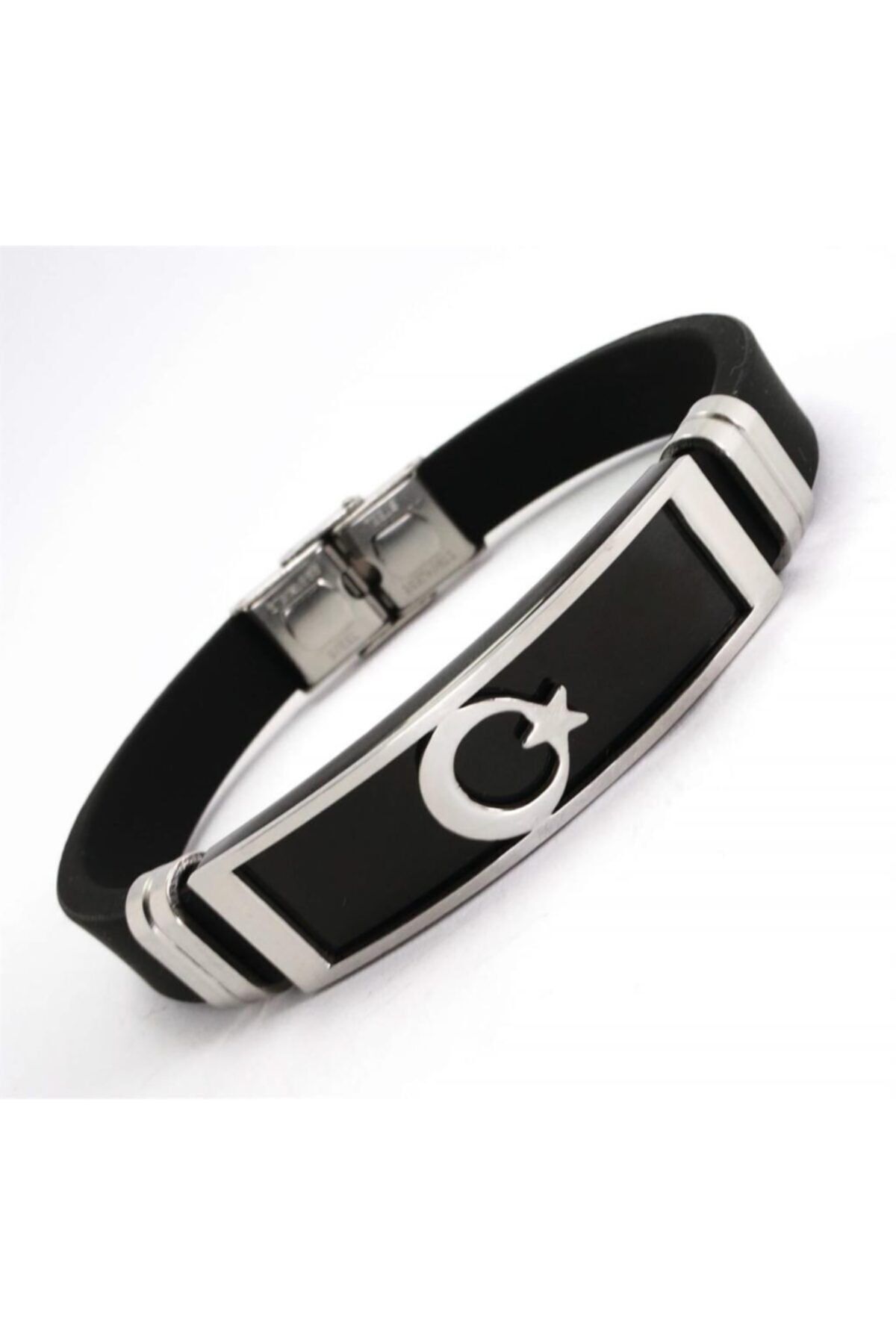 OSMANLI GÜMÜŞ-Crescent Star Flag Rubber Steel Men's Bracelet 3