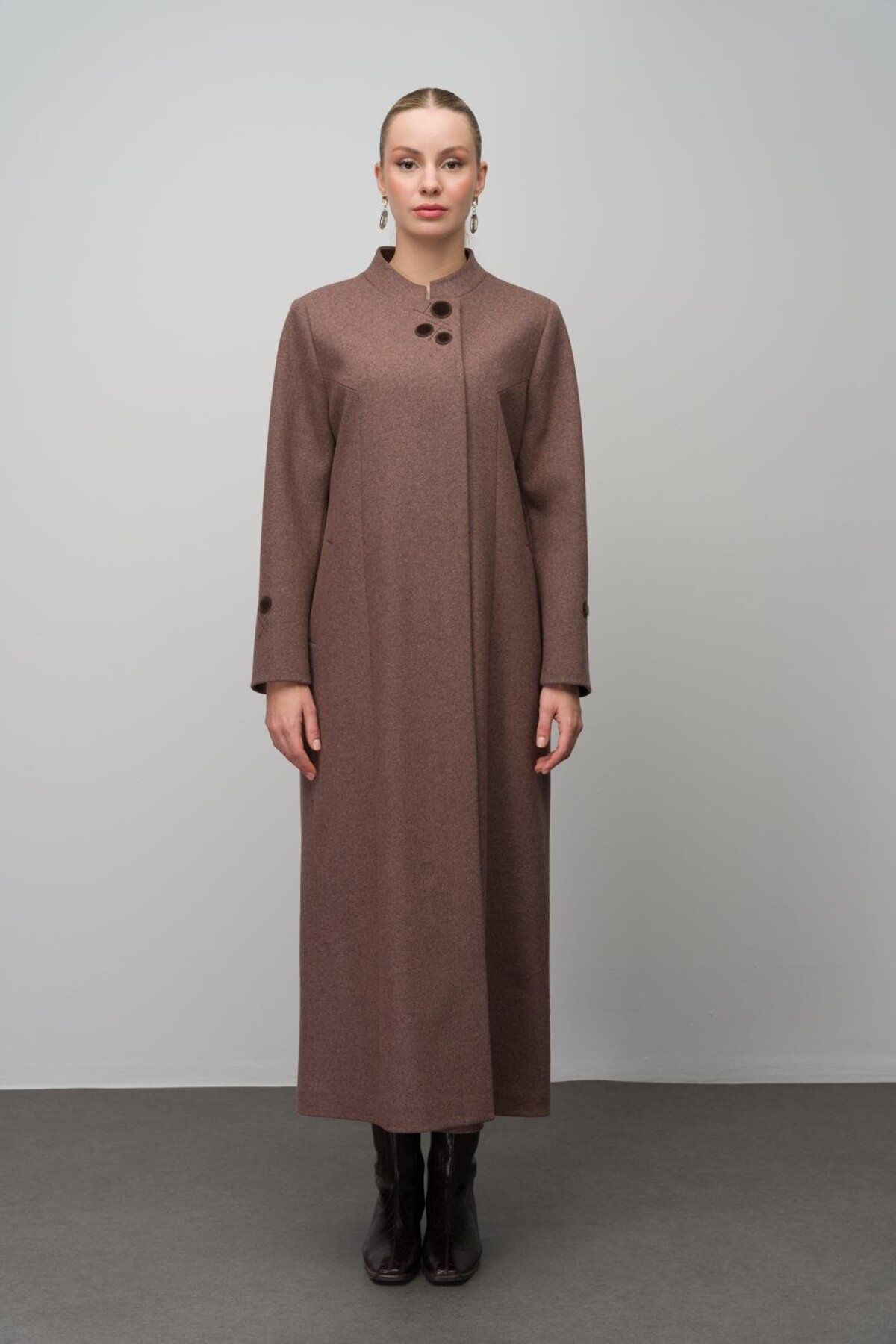 Olcay-Wool Blended Top Coat with Large Size Prevailing Collar and Embroidery Detail - Melange Brown 6632 3