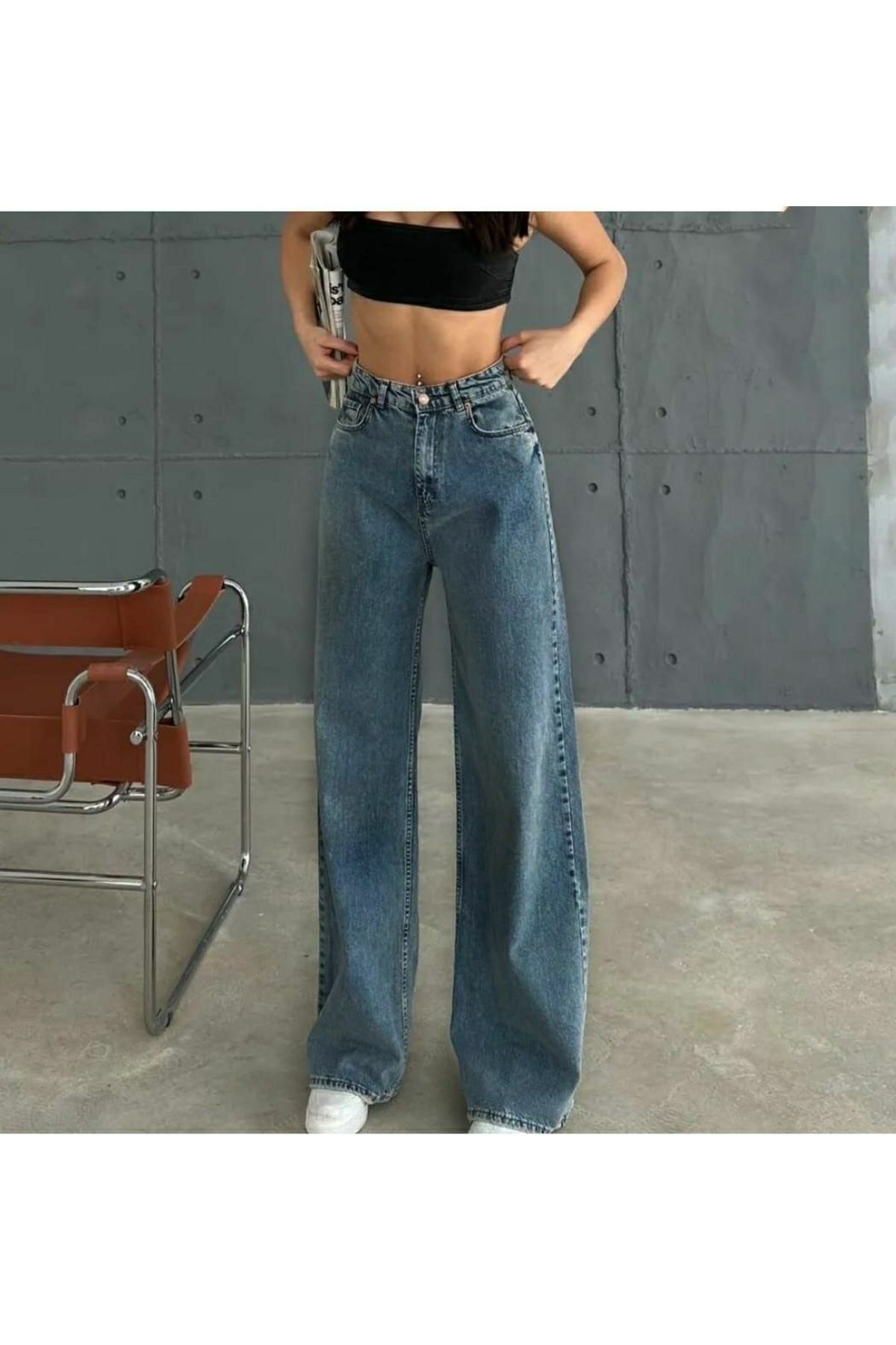 LİMABEL-Maybach Mid Blue Snow Loose Super High Waist Wide Leg Jeans 4