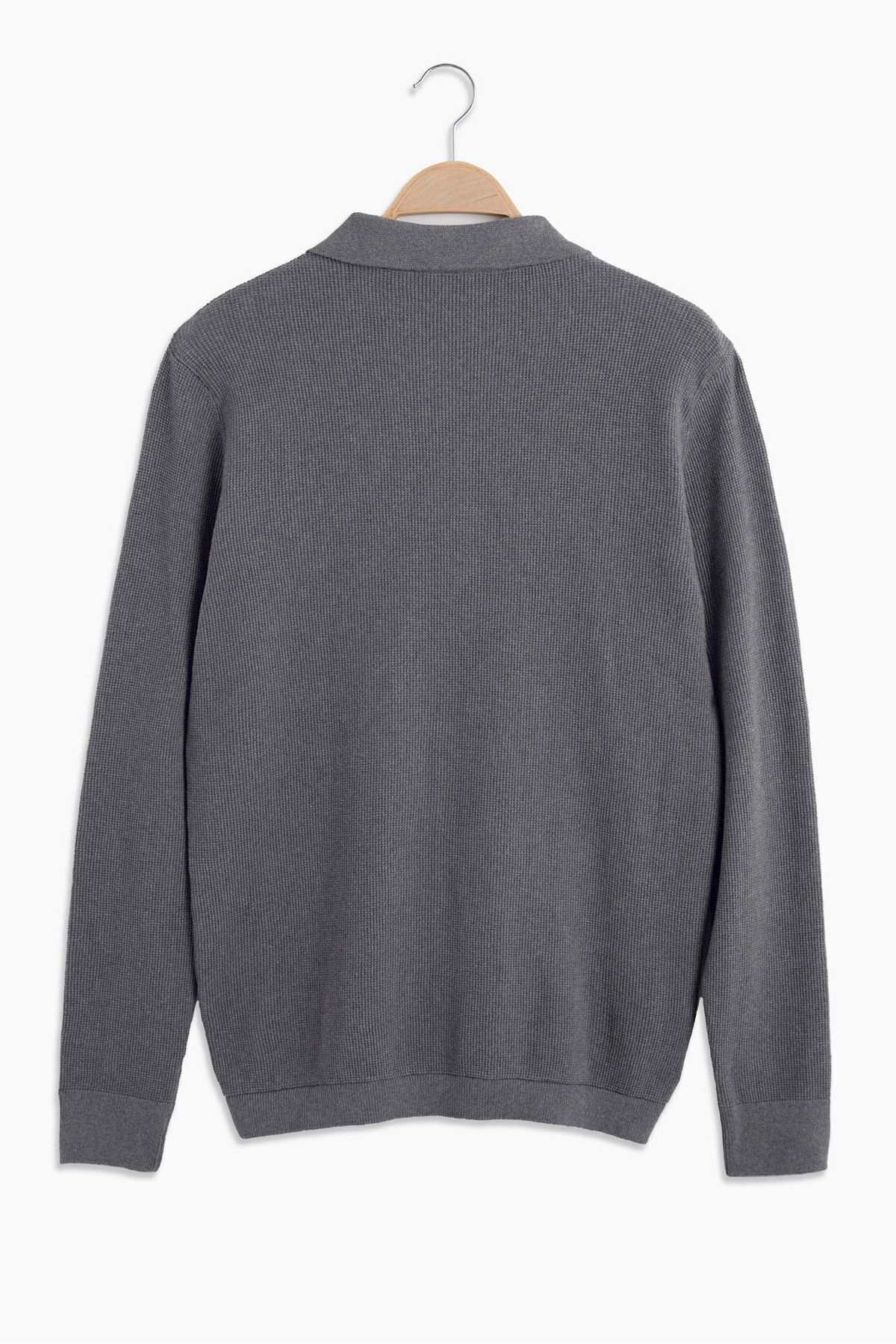 hateko-100% Cotton Gray Waffle Knitted Shirt Collar Knitwear Cardigan 7