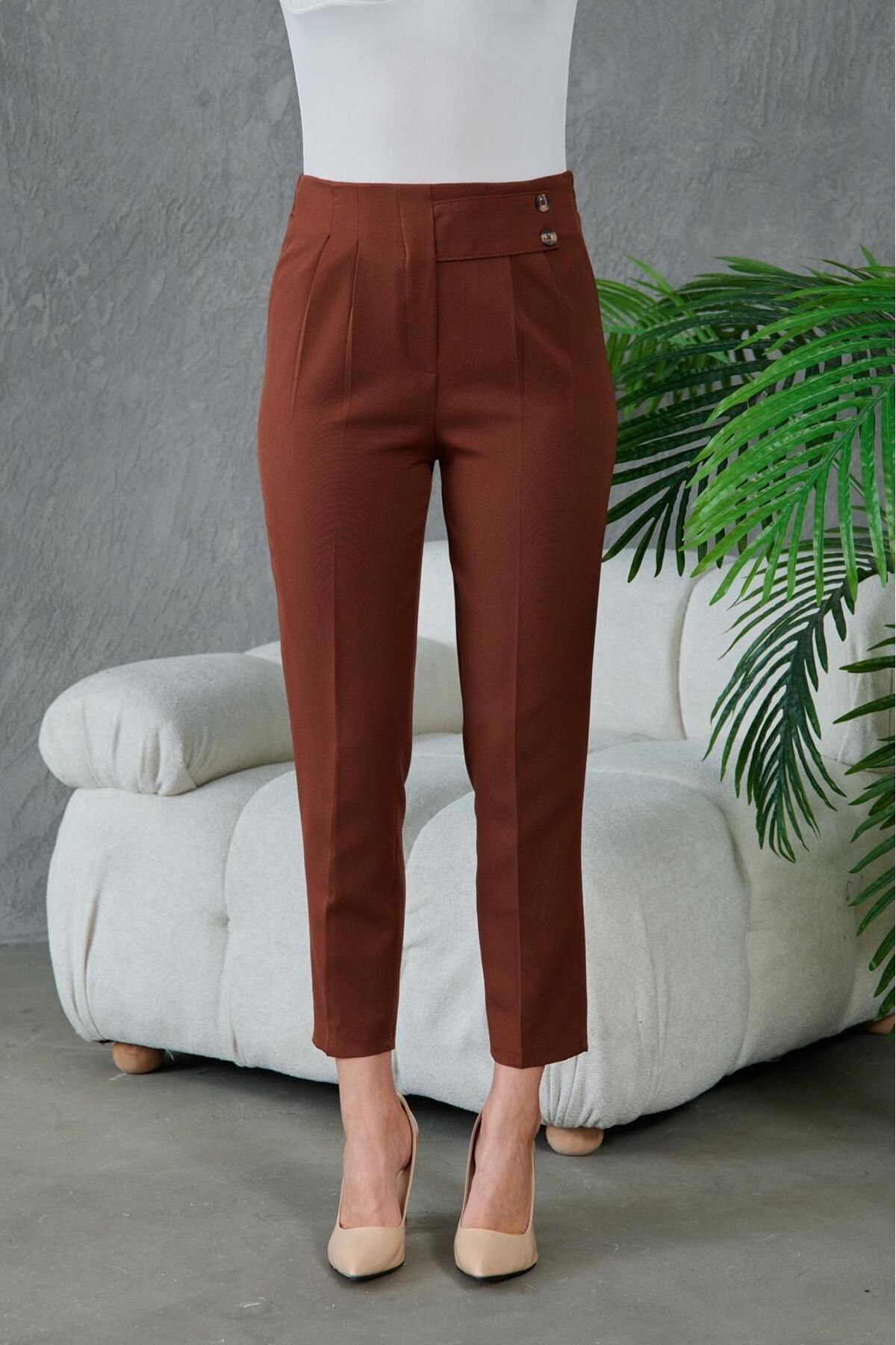 MİSLİNE-Women's Pants with Rubber on the Back and Button on the Front, 6
