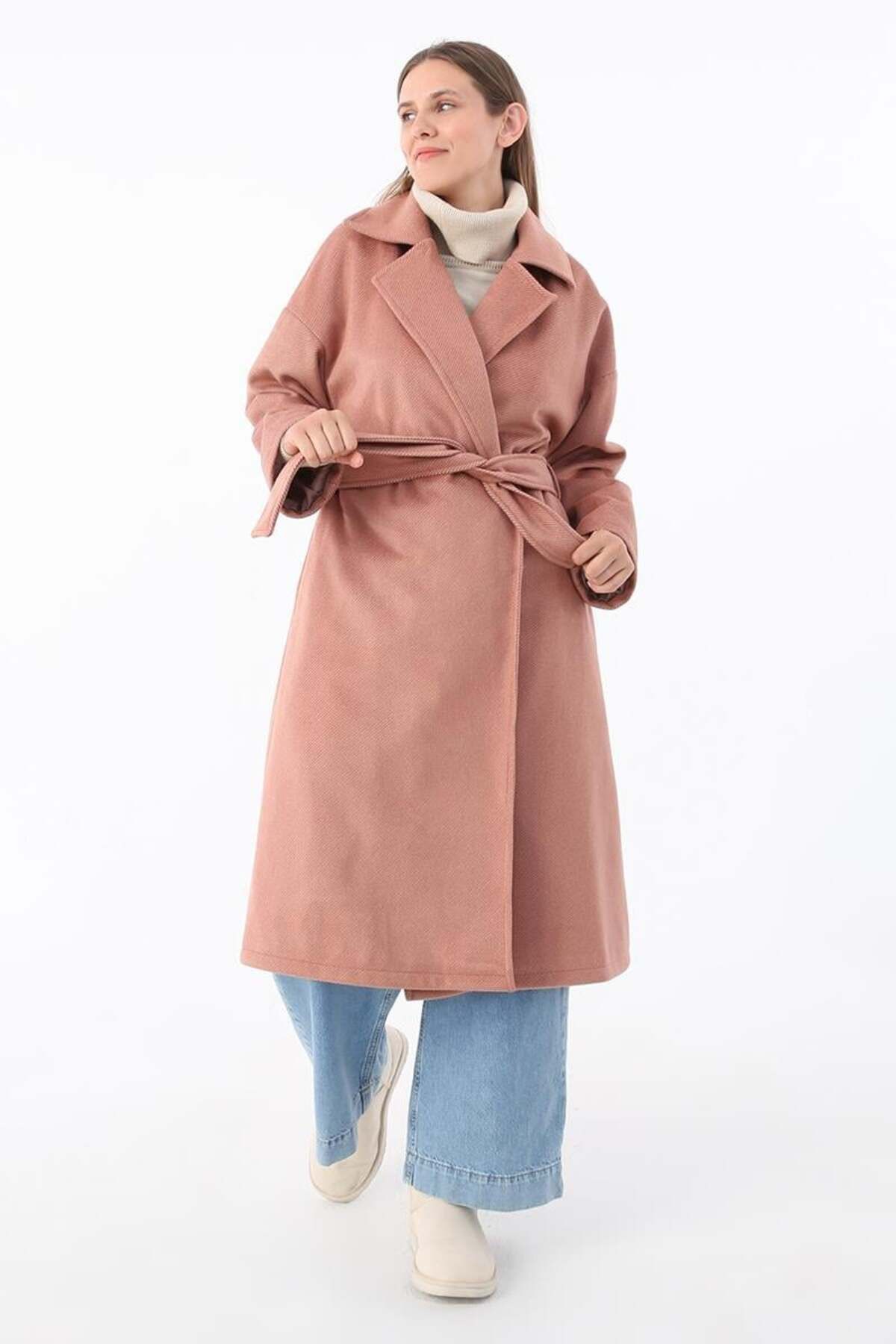 ALLDAY-Rose-Breasted Collar Belted Cashmere Coat 3