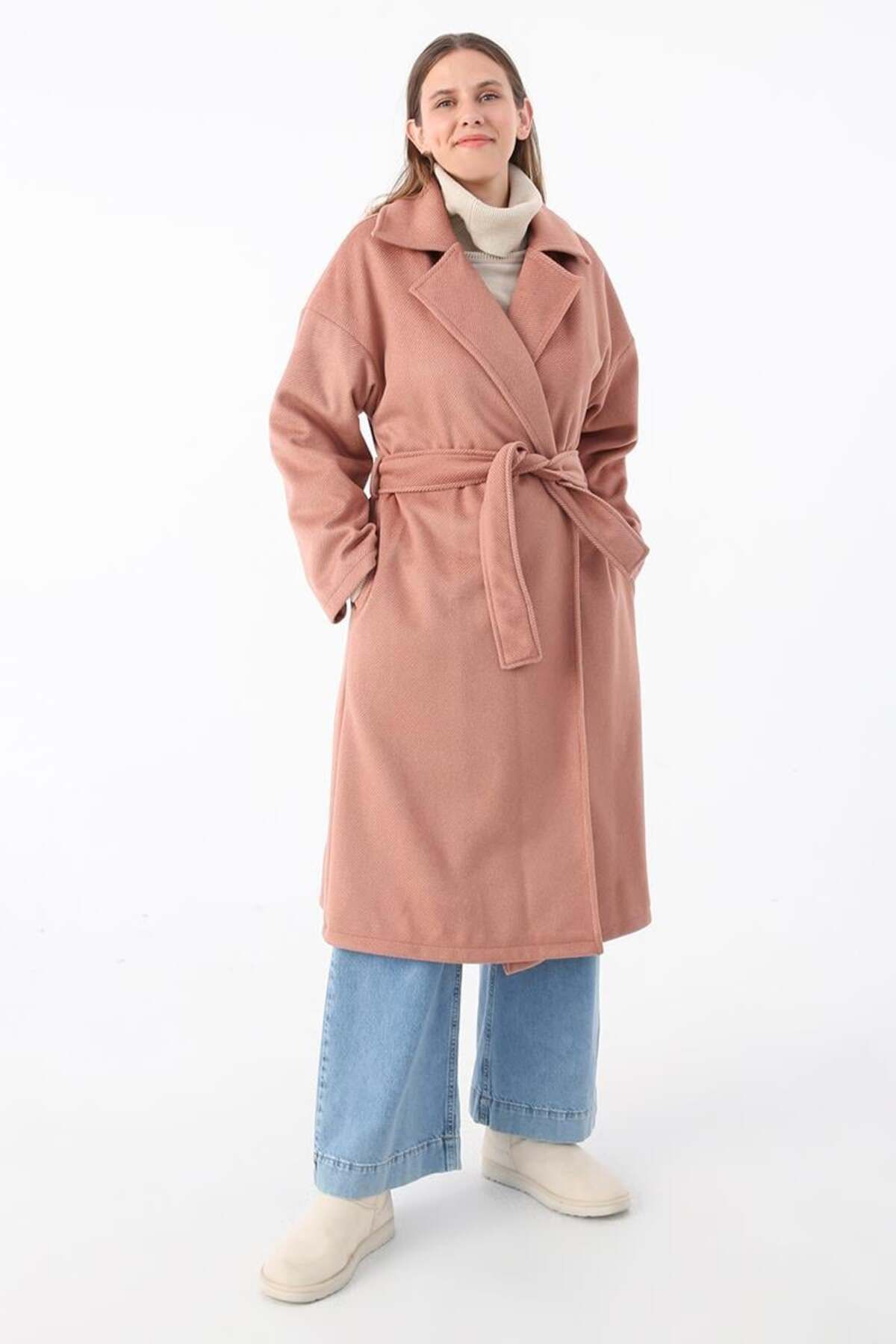 ALLDAY-Rose-Breasted Collar Belted Cashmere Coat 1