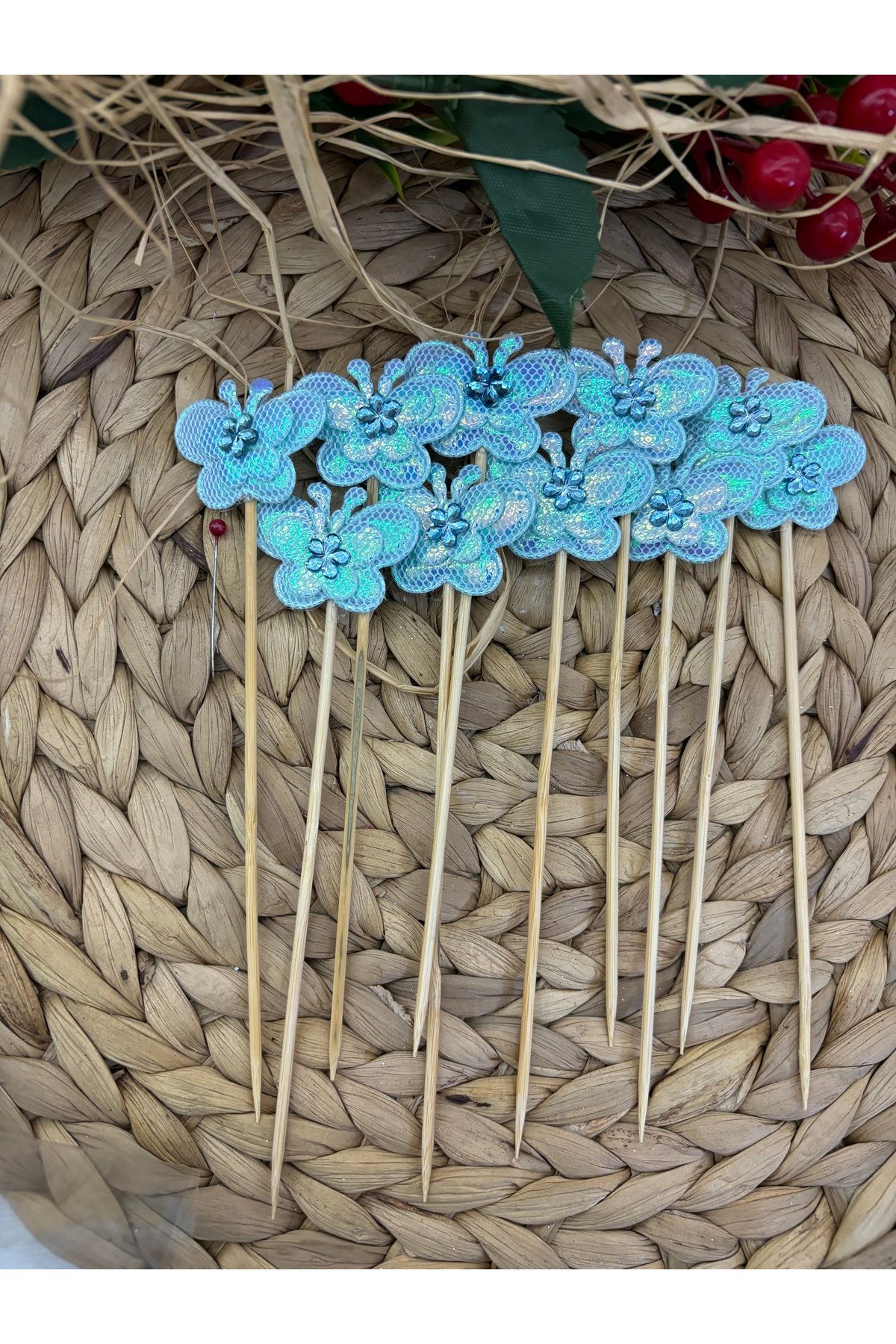 Deniz Party Store-Blue Glossy Stone Butterfly Long Toothpicks 16 cm 10 Pieces 2