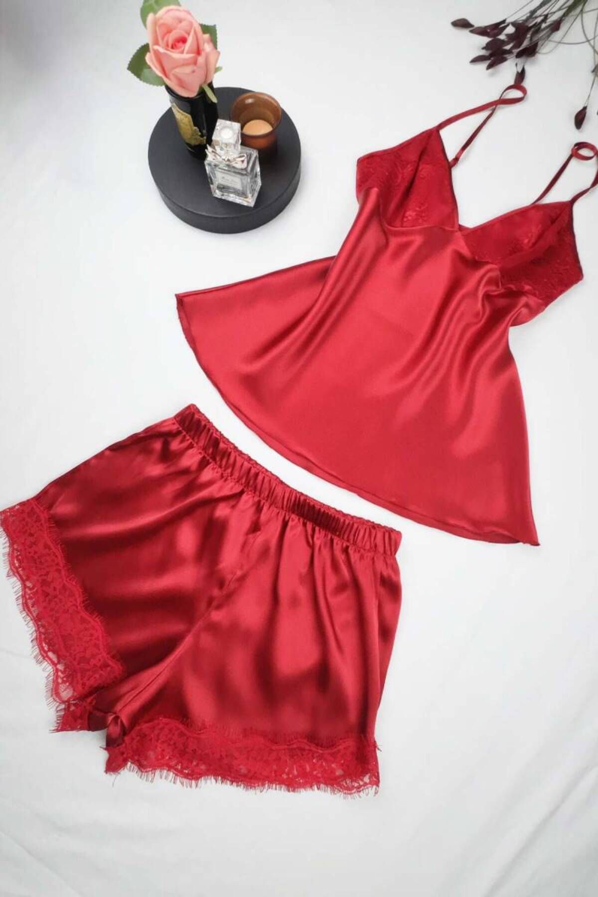 Farya Home-Faryanight Silky Satin Lace Detailed Rope Strap Shorts Set 2