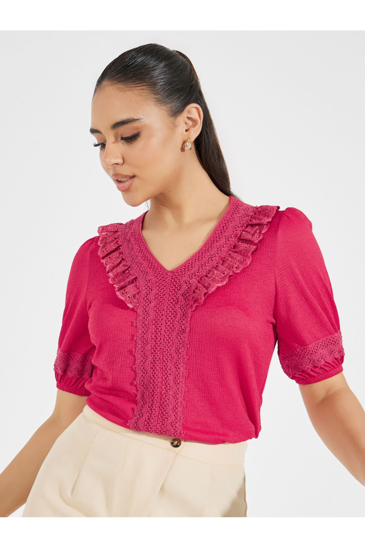 Styli-Lace Insert Knit Top with Puff Sleeves 1