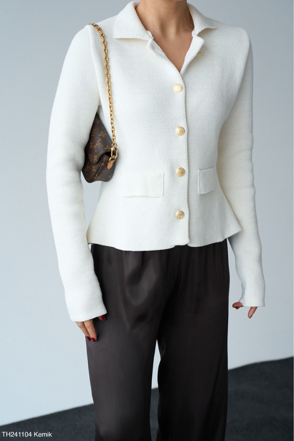 Lupies-Cardigan alb pentru femei, cu gât polo, din bumbac, cu buzunare 5