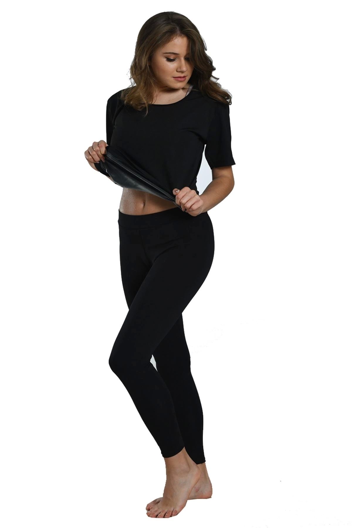 Raftantopla-Black Women's Half Sleeve Thermal Sauna Athlete Leggings Set - 746 2