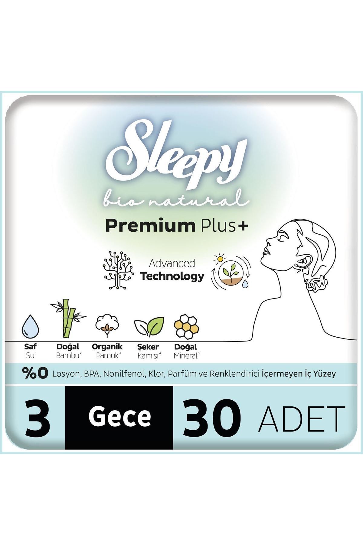 Sleepy Bio Natural Premium Plus Hijyenik Ped Mega Paket Gece 30 Adet