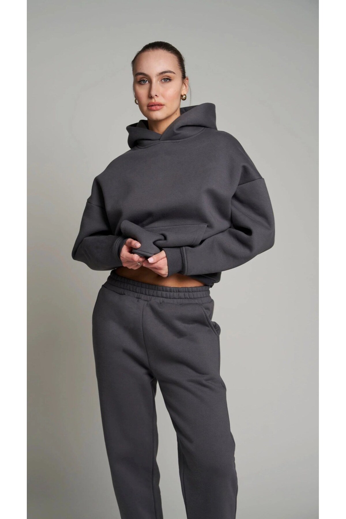 The Champ Clothing Kadın Oversize Sweatshirt Hoodie Basic Füme, Kapüşonlu, Kanguru Cep, 3 İplik Şardonlu görsel 7