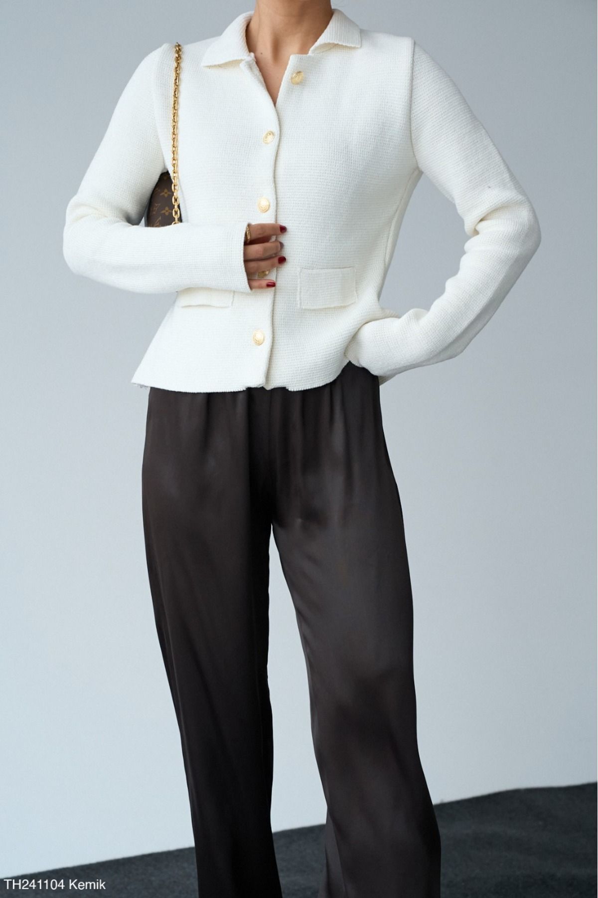 Lupies-Cardigan alb pentru femei, cu gât polo, din bumbac, cu buzunare 8