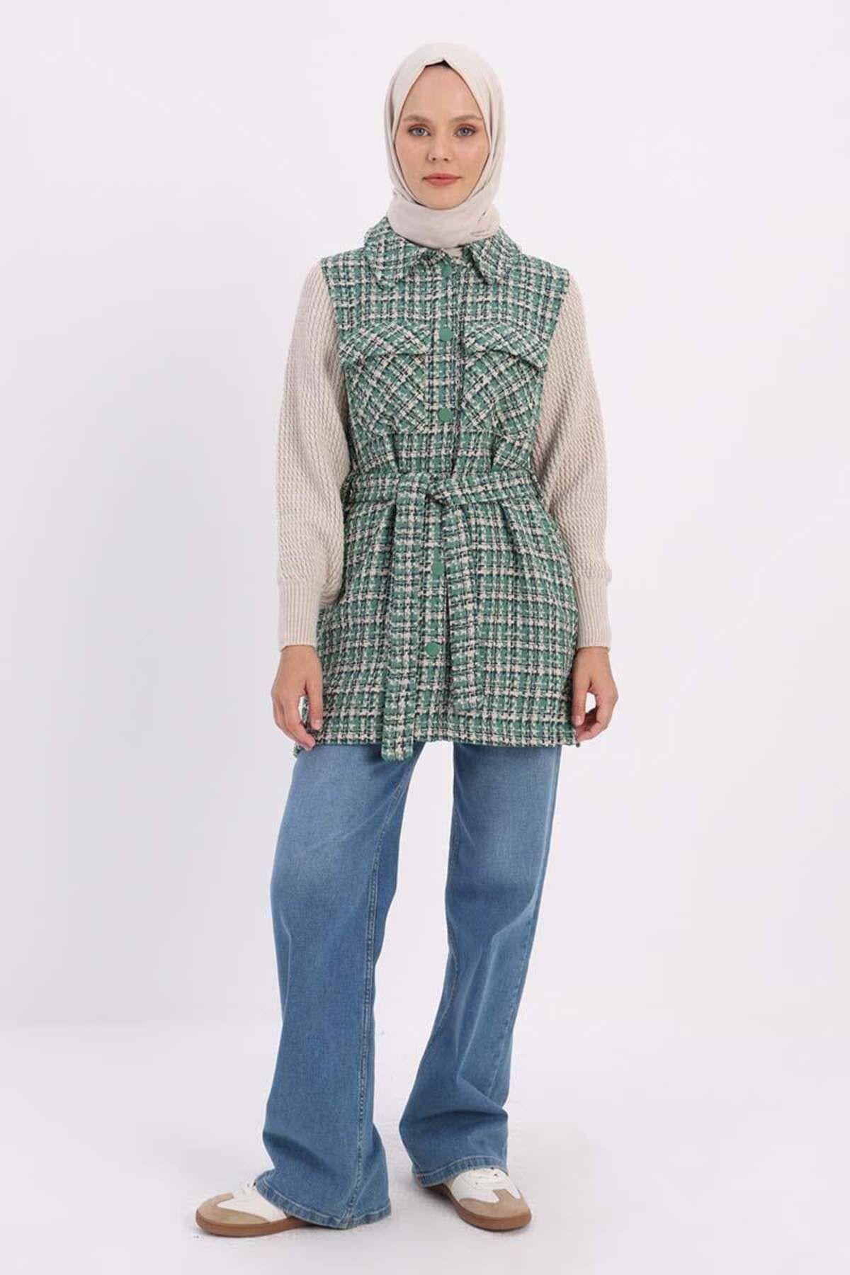 ALLDAY-Green-Knitwear Garnished Belted Tweed Cardigan 2