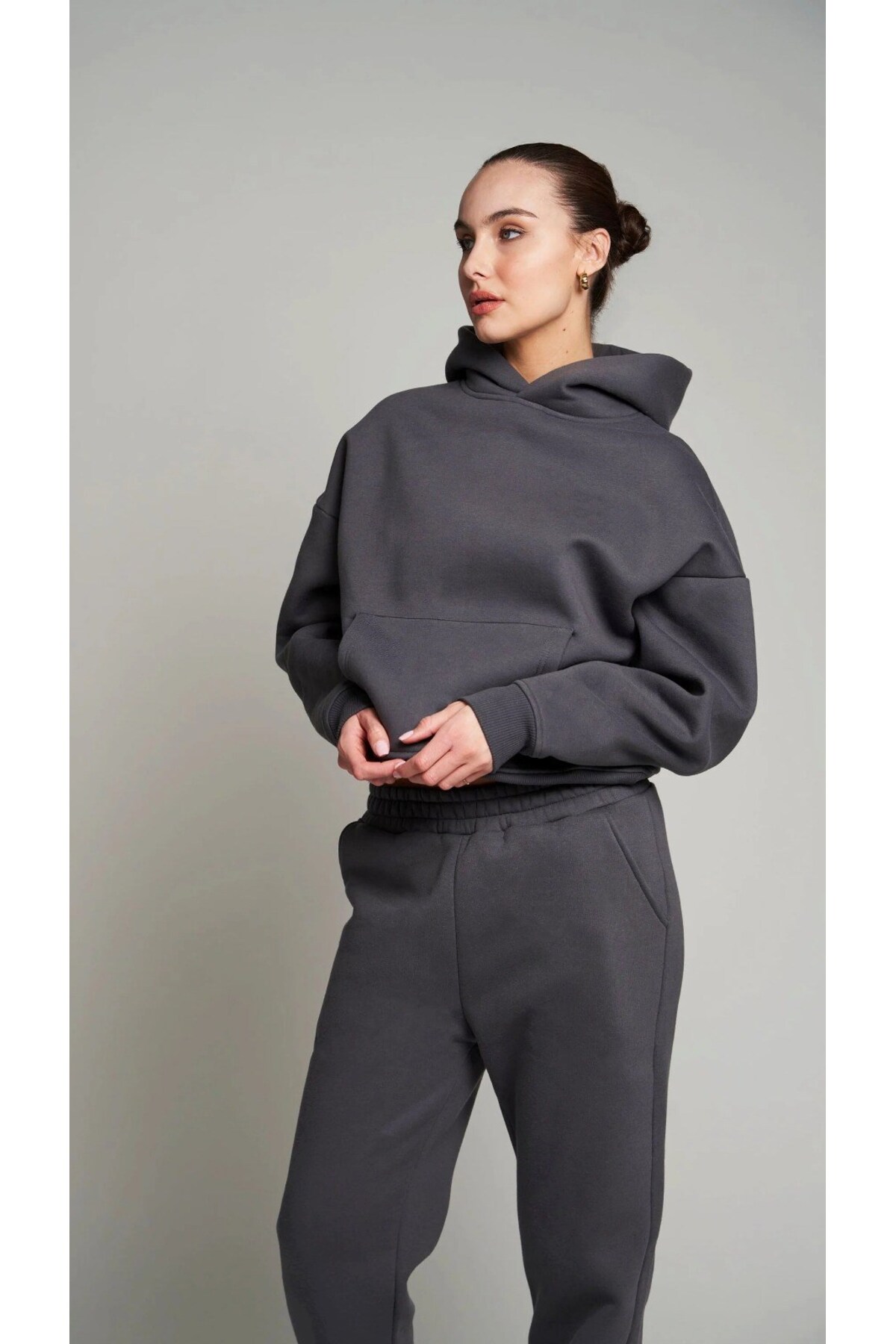 The Champ Clothing Kadın Oversize Sweatshirt Hoodie Basic Füme, Kapüşonlu, Kanguru Cep, 3 İplik Şardonlu görsel 2