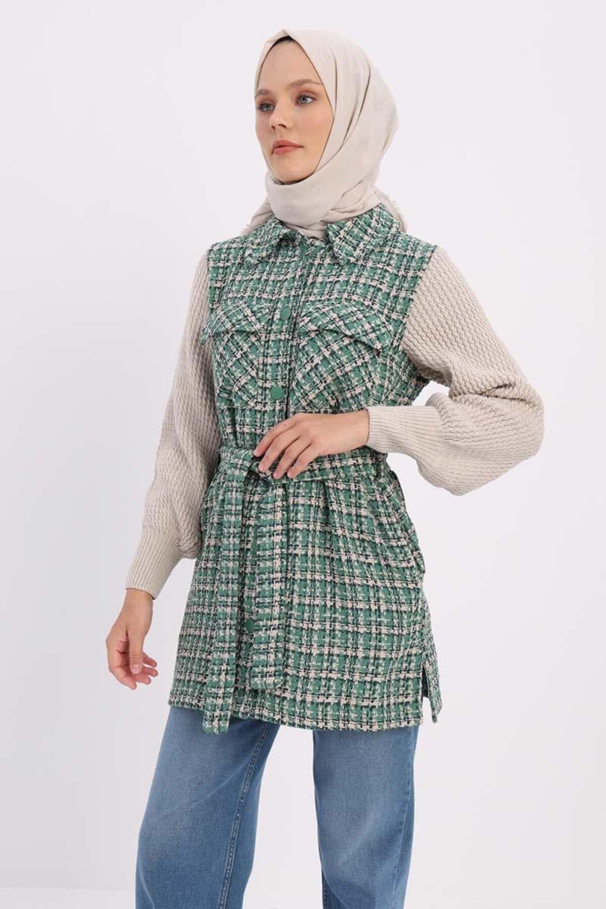 ALLDAY-Green-Knitwear Garnished Belted Tweed Cardigan 1