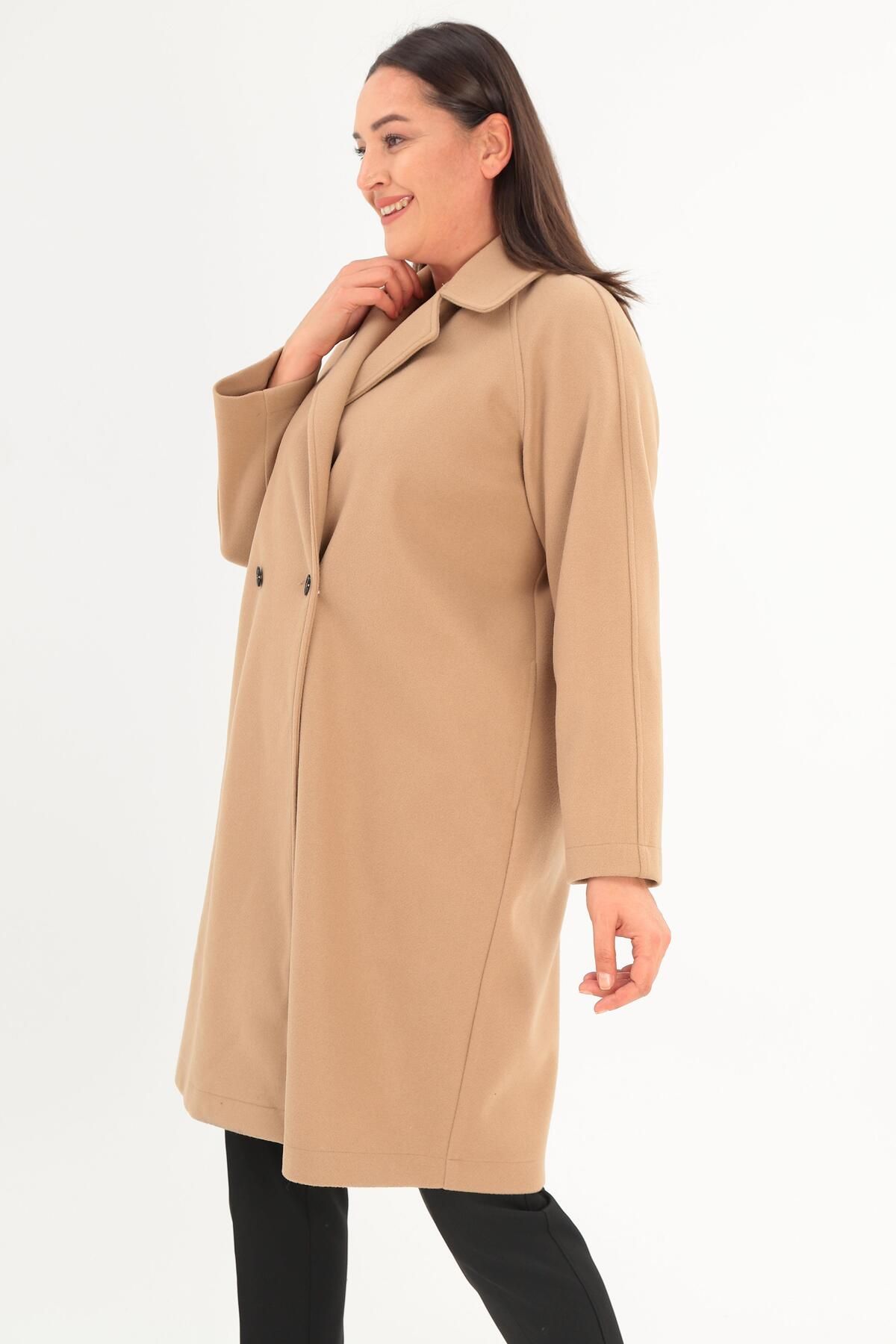 Metpoint-Trend42Plus Plus Size Buttoned Detailed Stamped Beige Coat 3