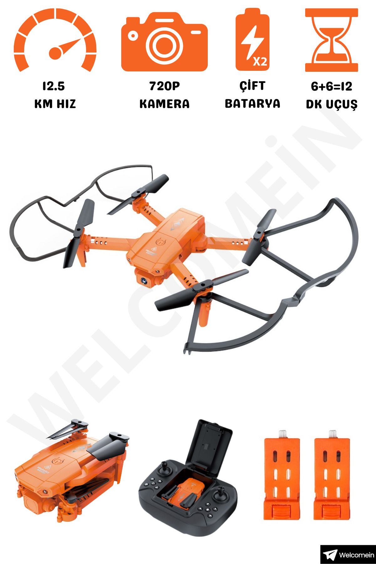 welcomein Mini Uzaktan Kumandalı Kameralı Katlanır Takla Atan Işıklı Telefona Bağlanır Çift Bataryalı Drone