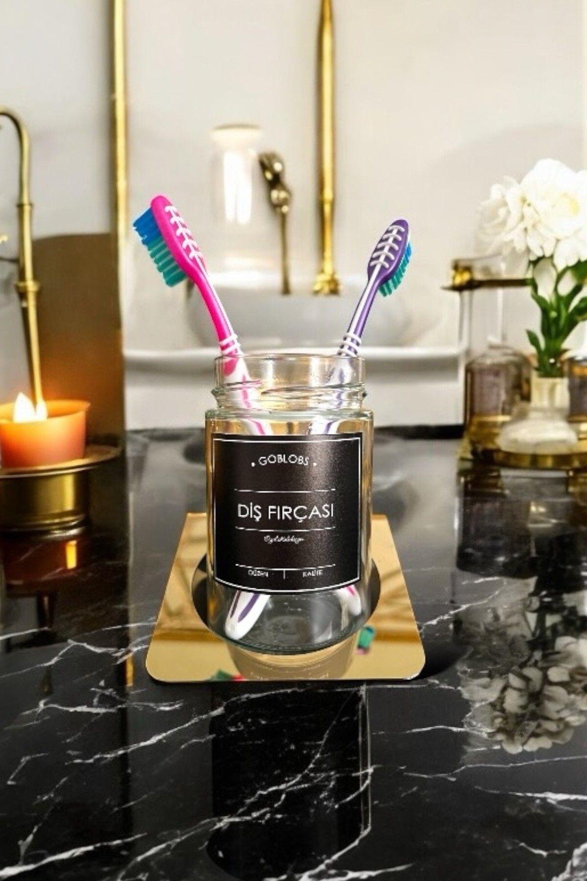 GO BLOBS-Stainless Steel Gold Stand Toothbrush Holder with Black Label 2
