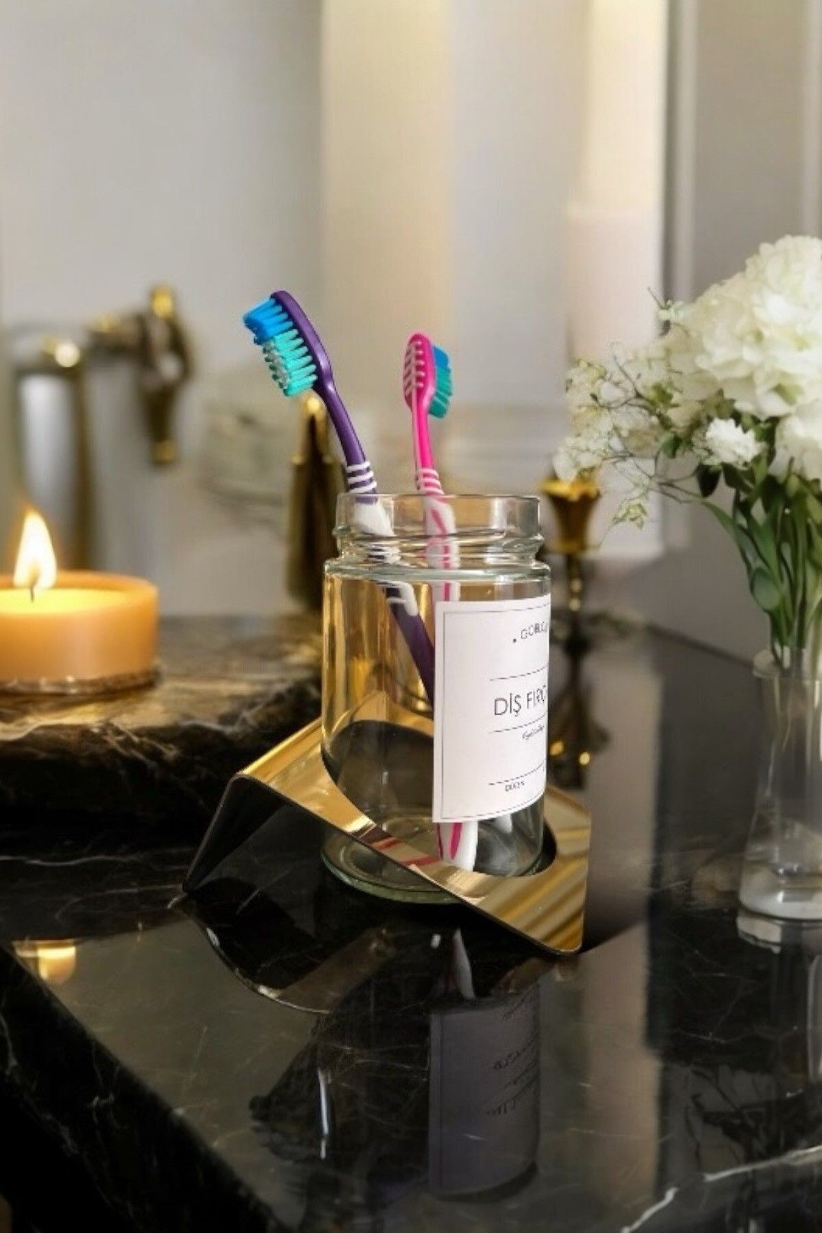 GO BLOBS-White Label Toothbrush Holder with Stainless Steel and Gold Stand 3