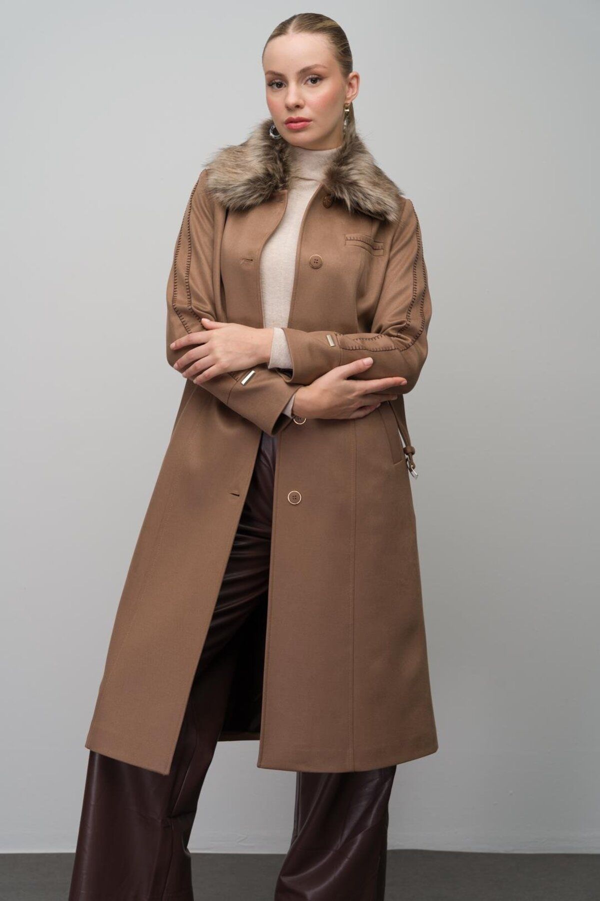 Olcay-Collapsible Shearling Detailed Gabardine Suede Look Cap K. Kamel 6640 4