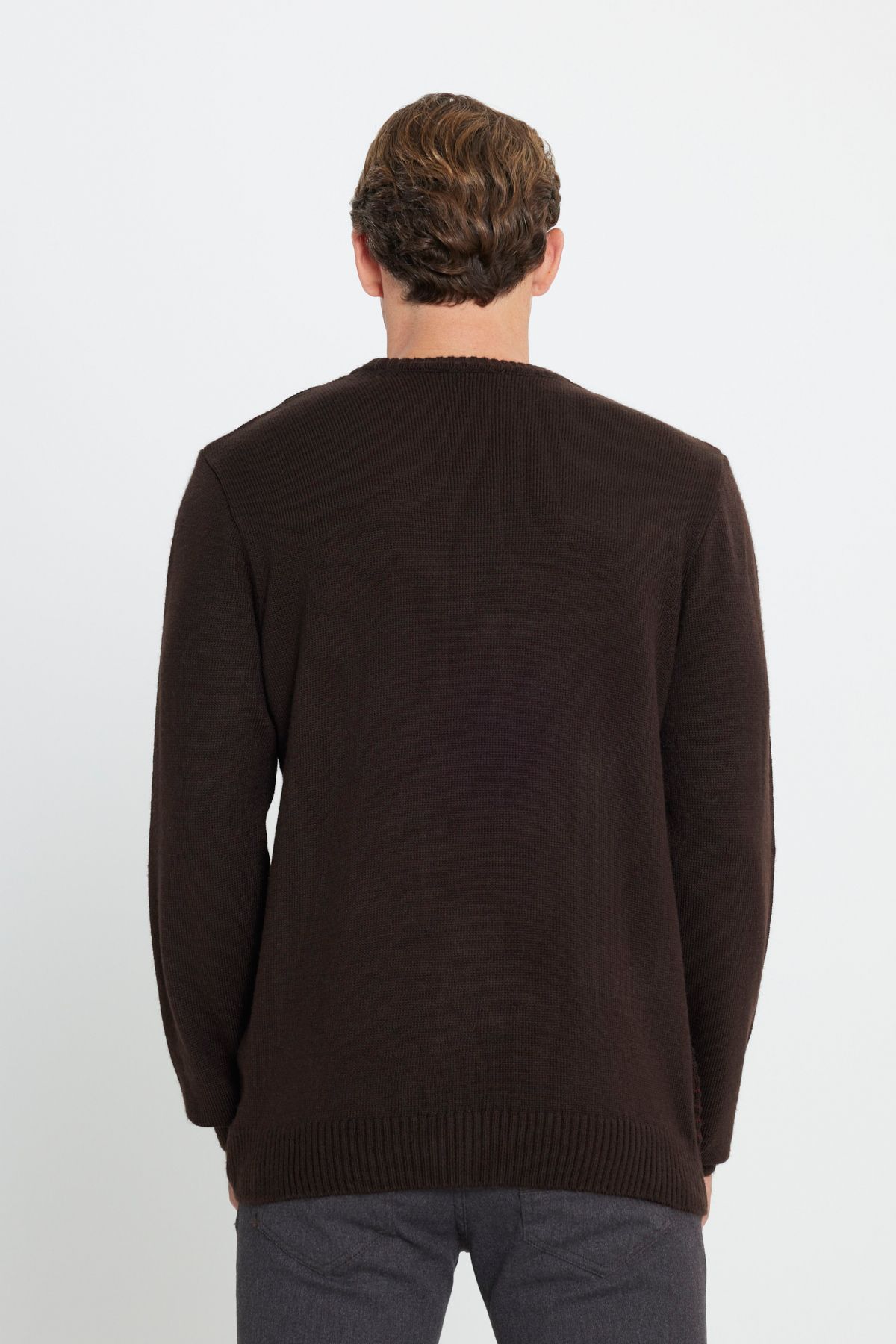 ALTINYILDIZ CLASSICS-Men's Crew Neck Patterned Knitwear Sweater - Brown-claret Red, Standard Fit 5