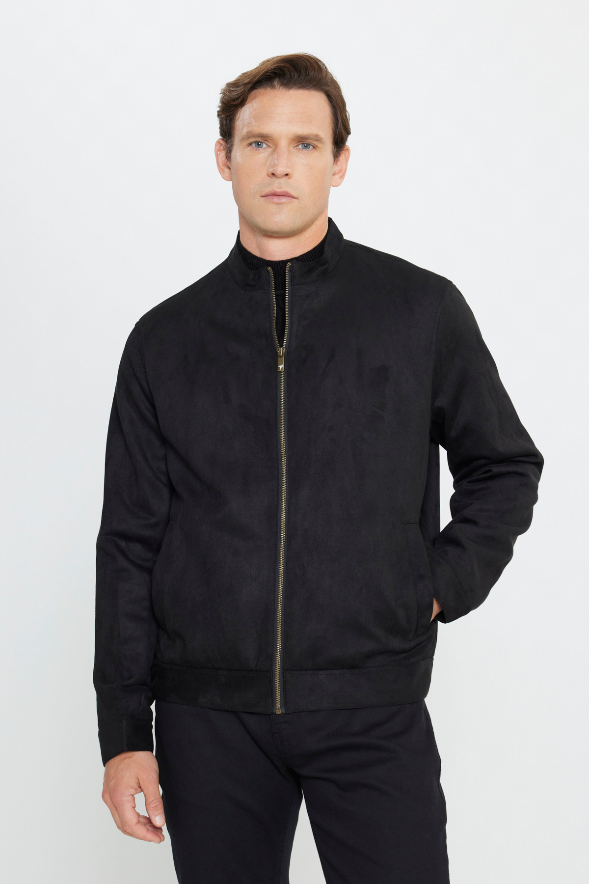 AC&Co / Altınyıldız Classics Erkek Siyah Standart Fit Normal Kesim Dik Yaka Süet Ceket Mont