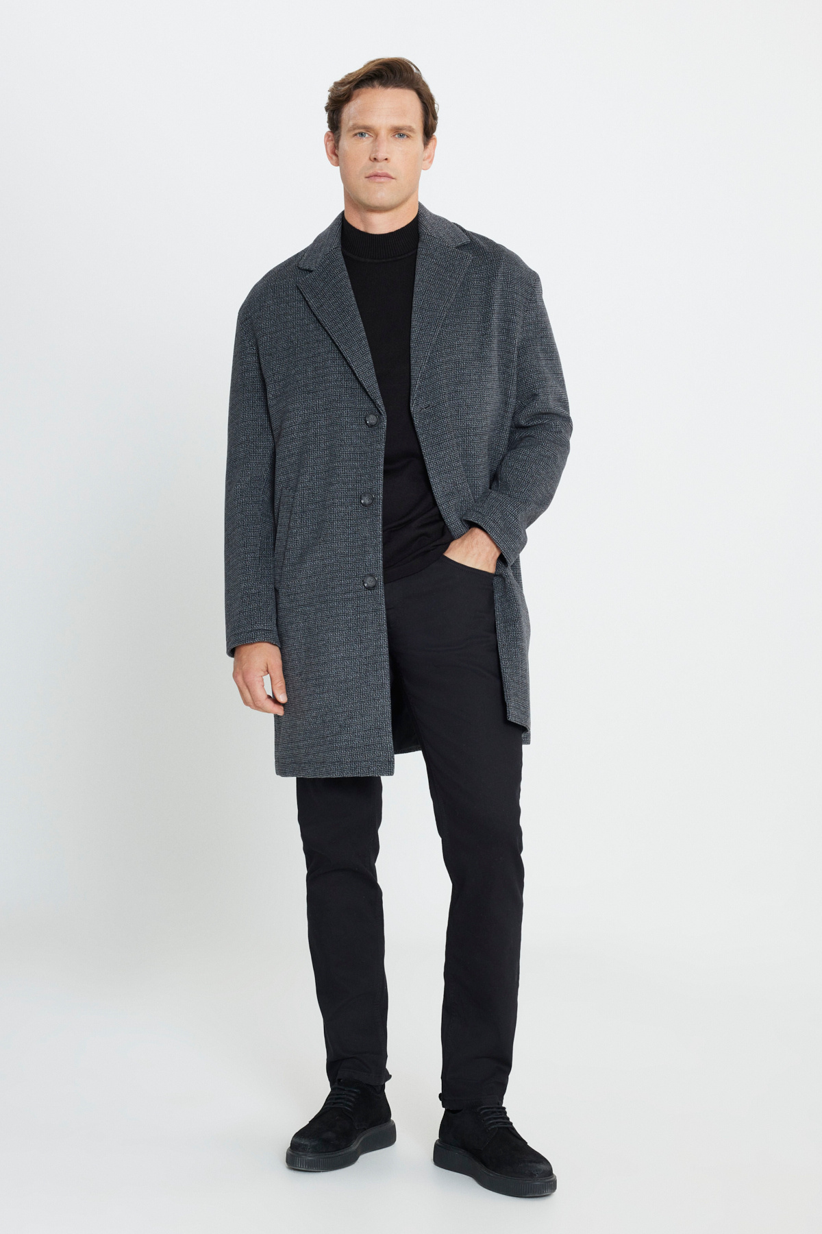 AC&Co / Altınyıldız Classics Erkek Gri Oversize Bol Kesim Mono Yaka Desenli Kaşe Kaban görsel 2
