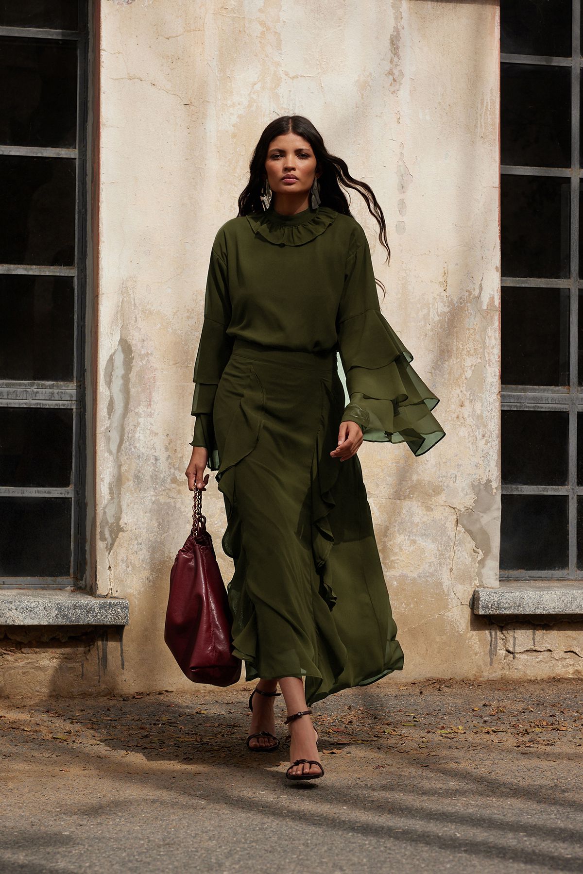 Trendyol Modest-X Ai Каки детайлна тъкана пола с волани Tctaw25Ee00012 2