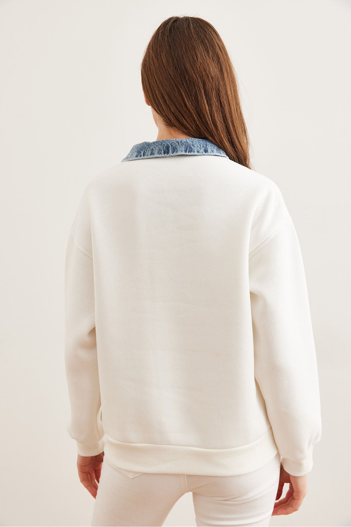 Olalook-Hanorac alb din denim brodat - cu fermoar, raster, femei, SWT- 19000706 5