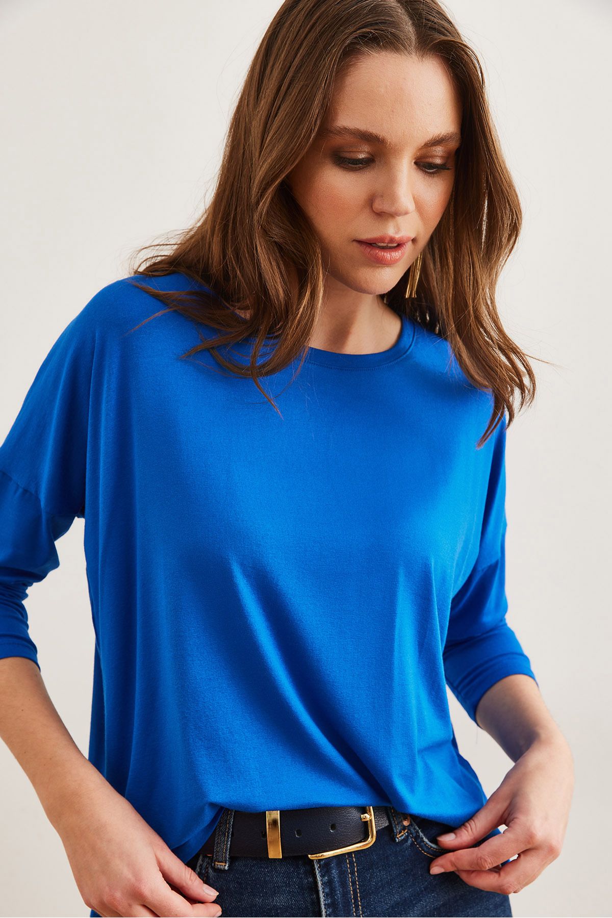 Olalook-Bluzka Saks Blue Viscose - okrągły dekolt, nietoperzowa, zwiewna Blz- 19002588 3