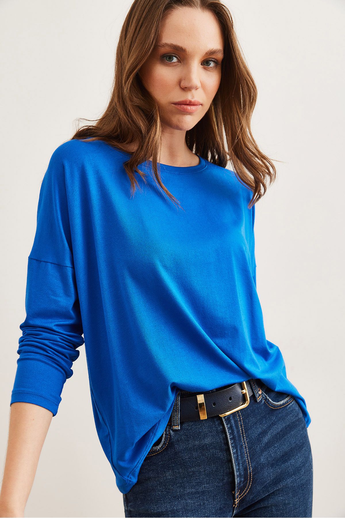 Olalook-Bluzka Saks Blue Viscose - okrągły dekolt, nietoperzowa, zwiewna Blz- 19002588 5