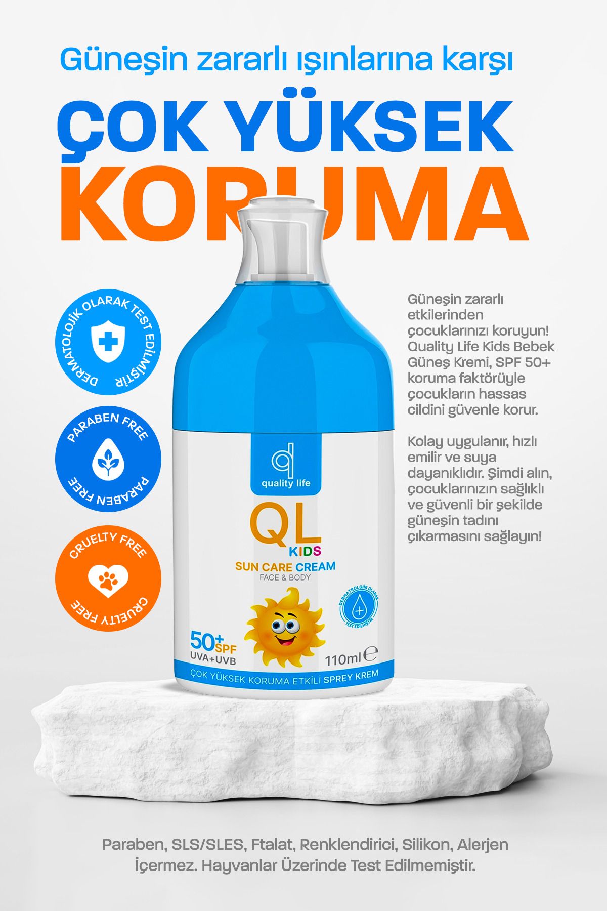کرم ضد آفتاب کودک - کرم ضد آفتاب برای کودکان - 50+ Spf 110 ML - UVA UVB با محافظت بسیار بالا Quality Life