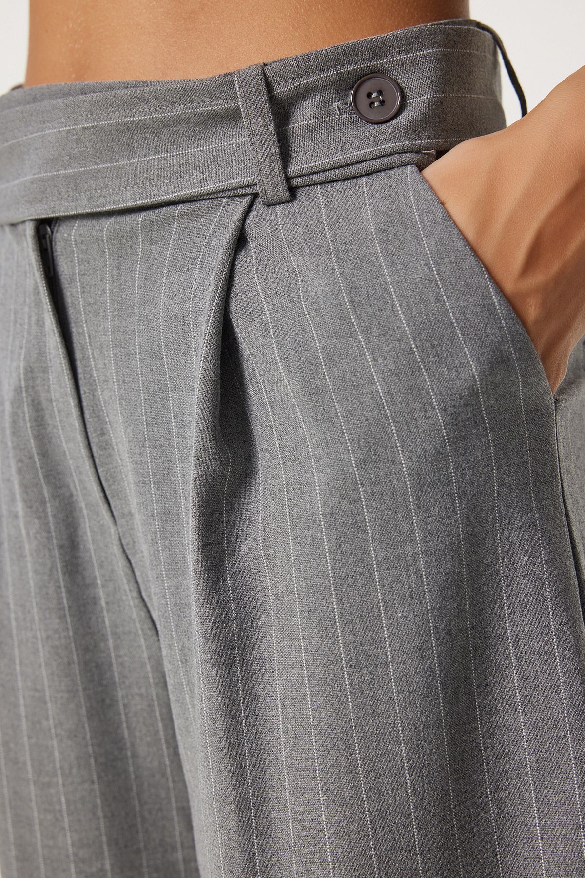 Happiness İstanbul-Gray Thin Striped Women's Trousers - Wide Leg Fn03372 4