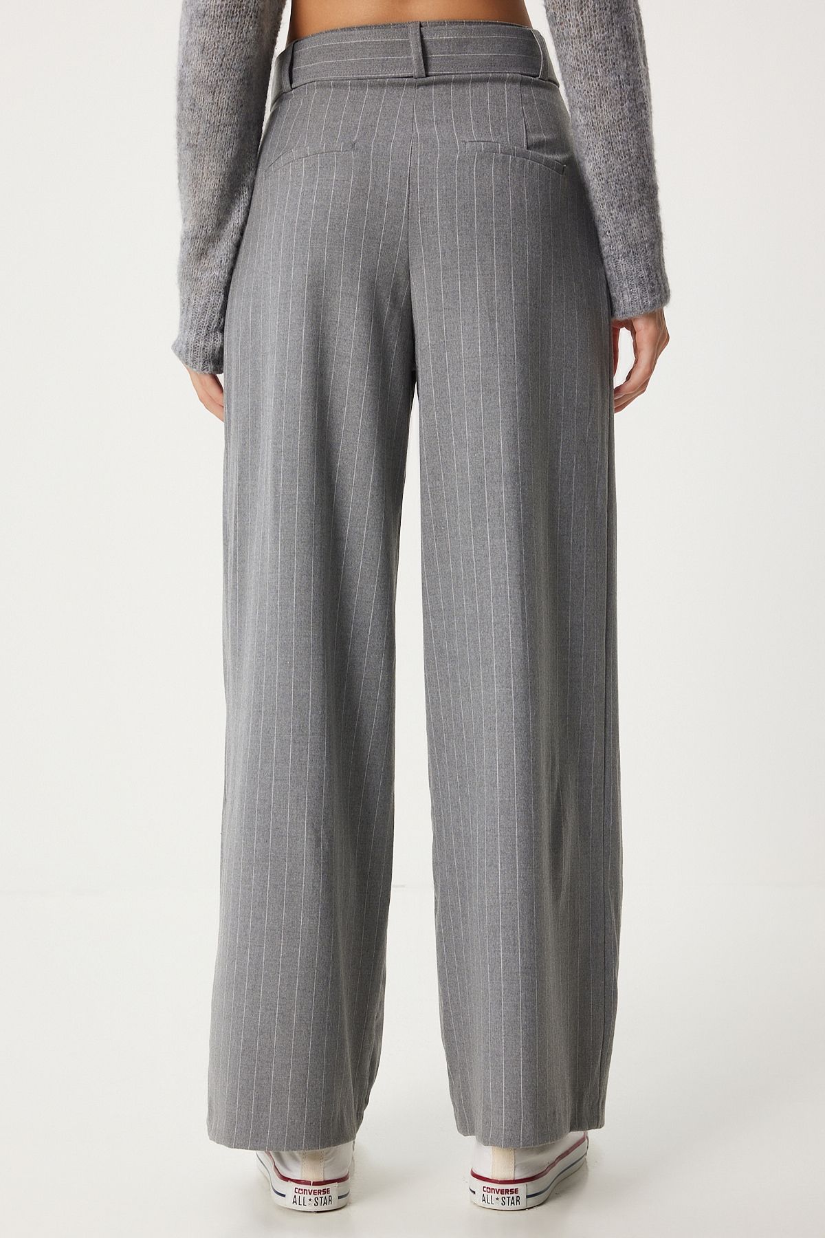 Happiness İstanbul-Gray Thin Striped Women's Trousers - Wide Leg Fn03372 5