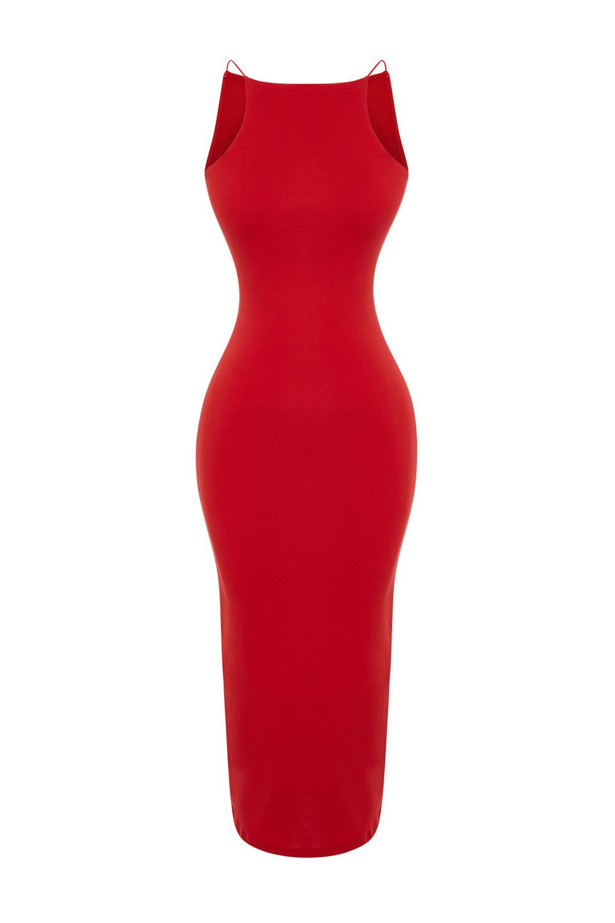 Trendyol Collection-Piros halter nyakú bordázott rugalmas kötött midi ceruzaruha TWOSS24EL00020 7
