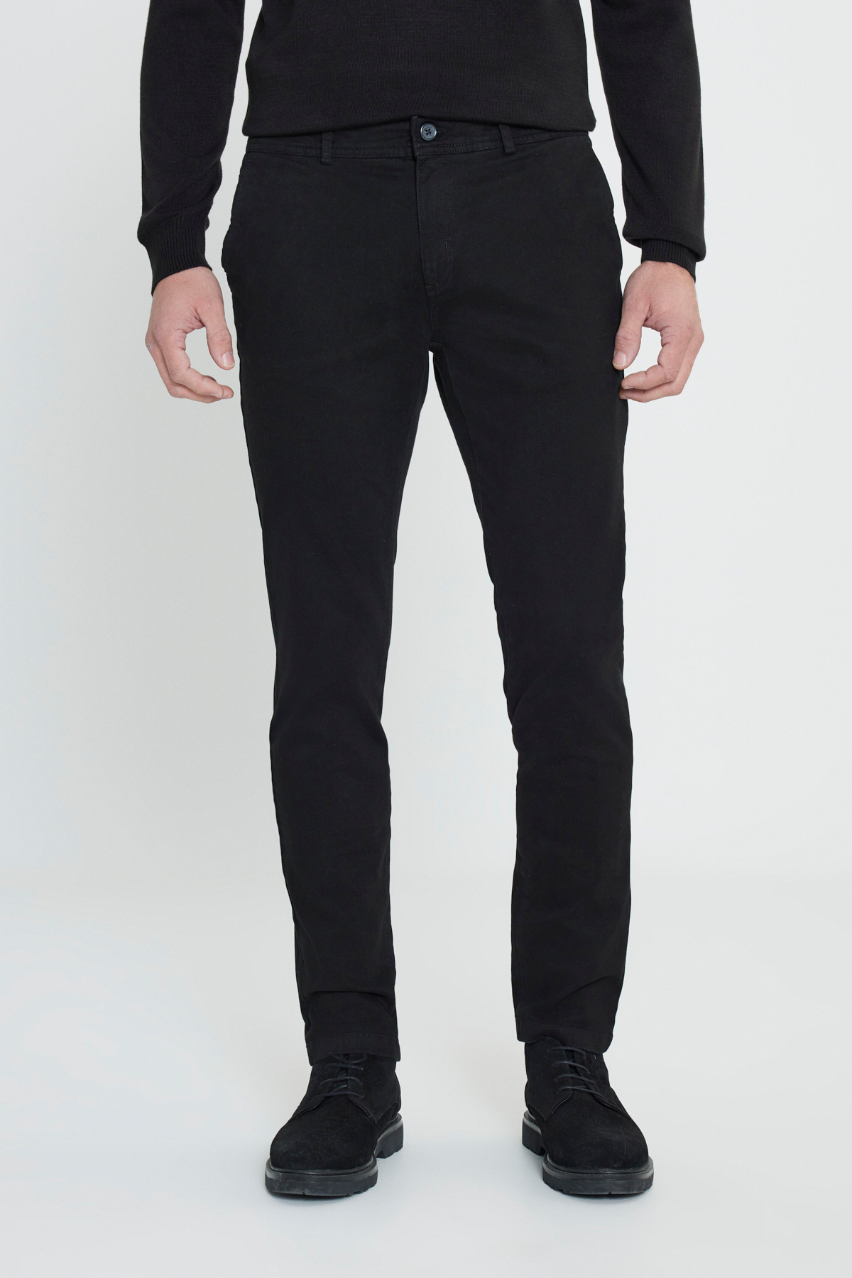 Men's Black Chino Pants with Cotton Lycra Flexible Slim Fit Narrow Cut Side Pockets
