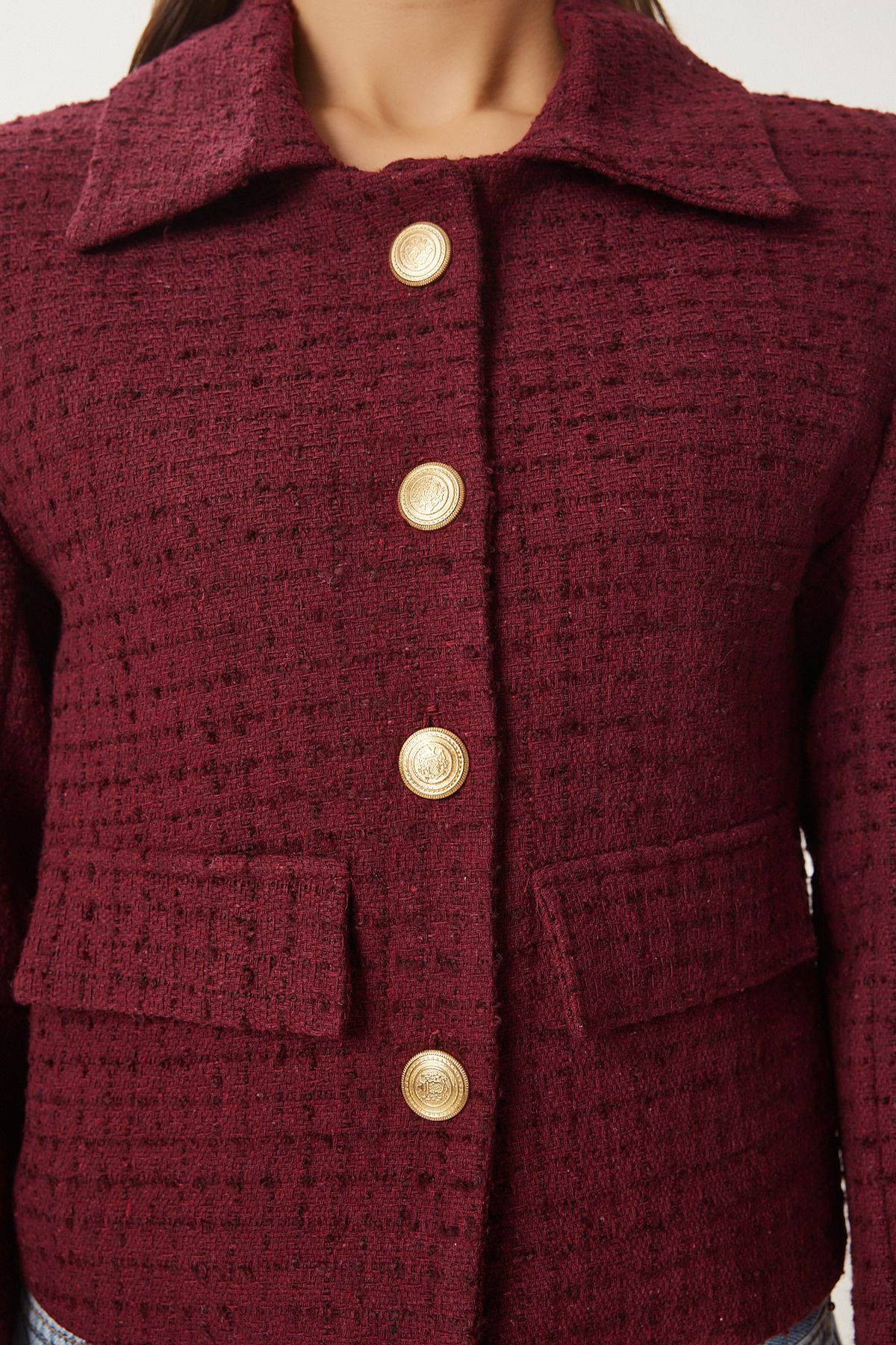 Happiness İstanbul-Burgundy Tweed Crop Women's Jacket - To00039 5