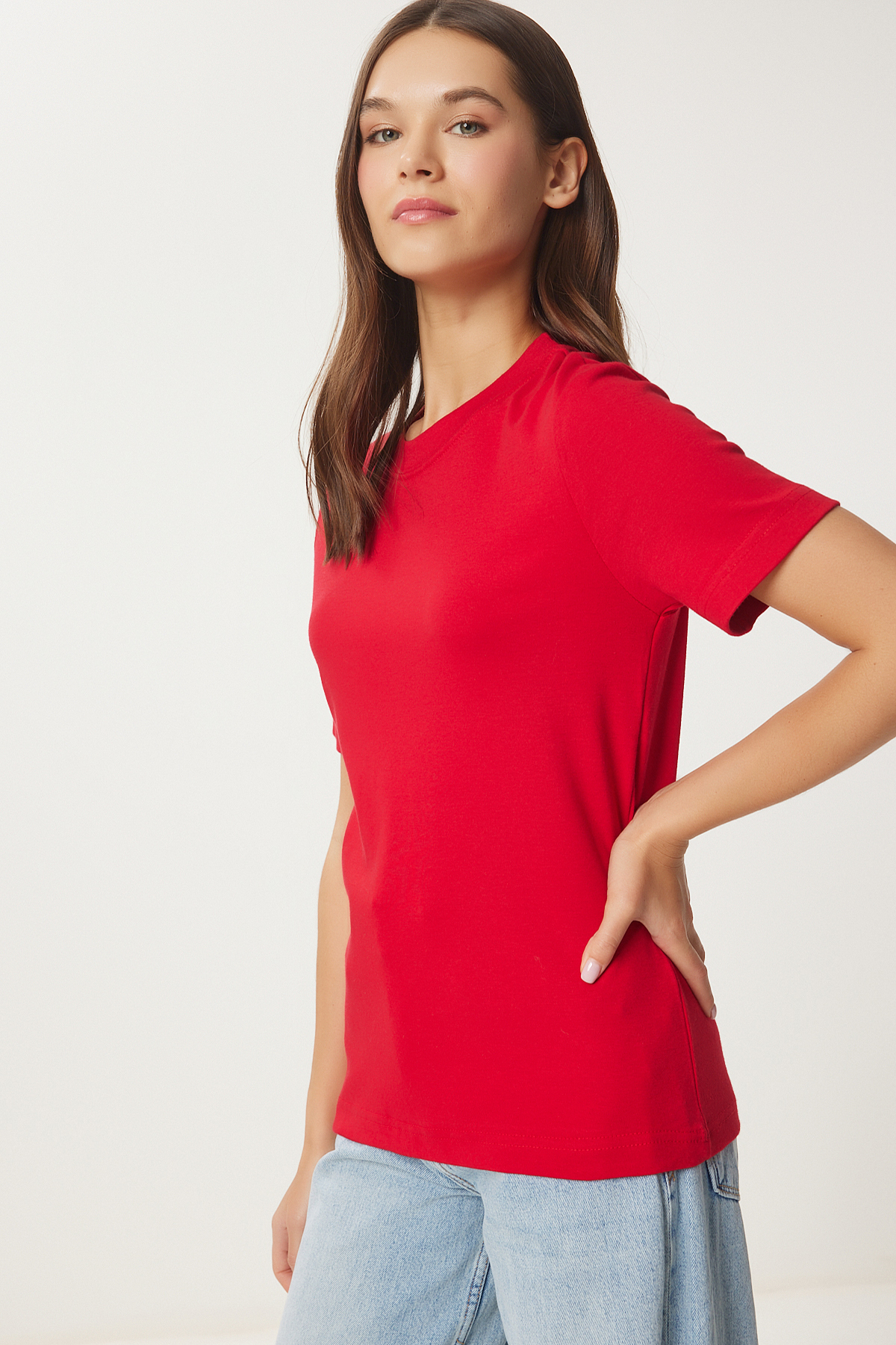 Happiness İstanbul  Kadın Kırmızı Pamuklu Basic Örme T-Shirt AG00001 - Görsel 2