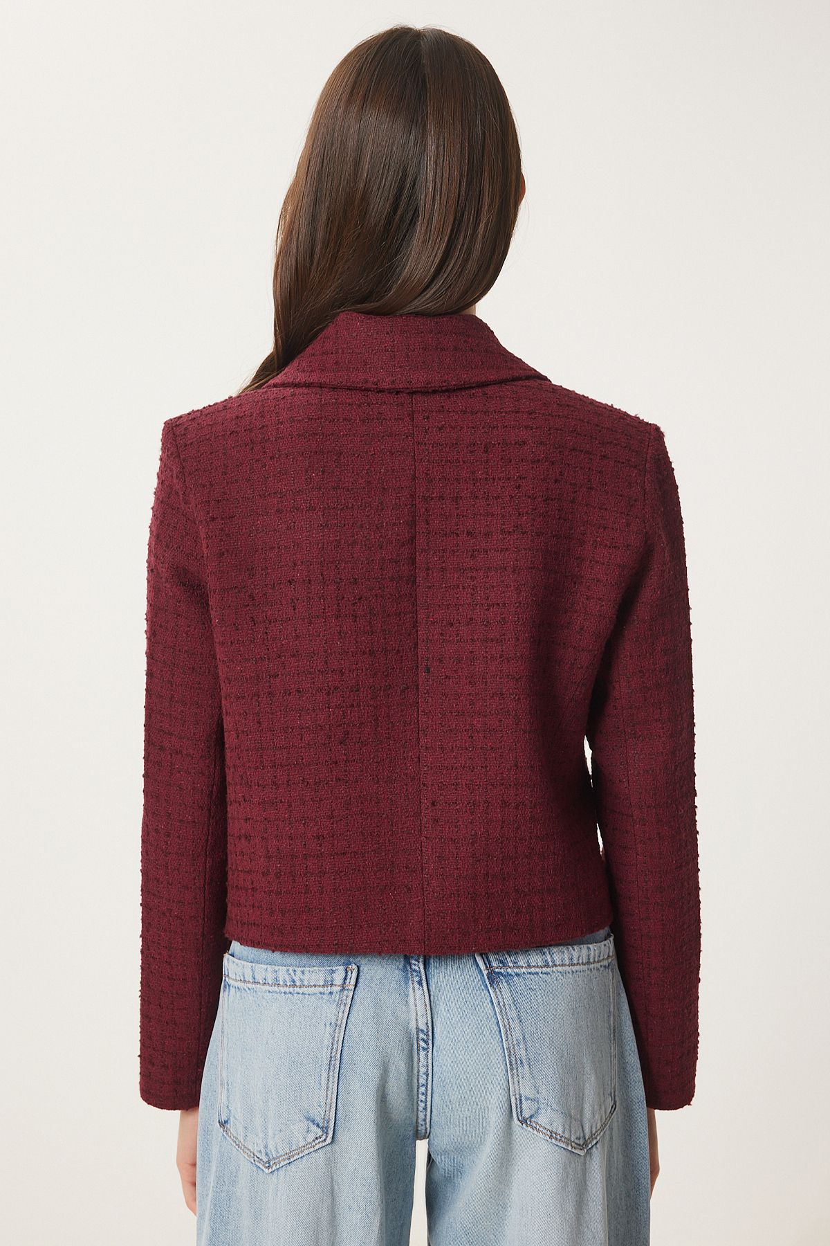 Happiness İstanbul-Burgundy Tweed Crop Women's Jacket - To00039 7