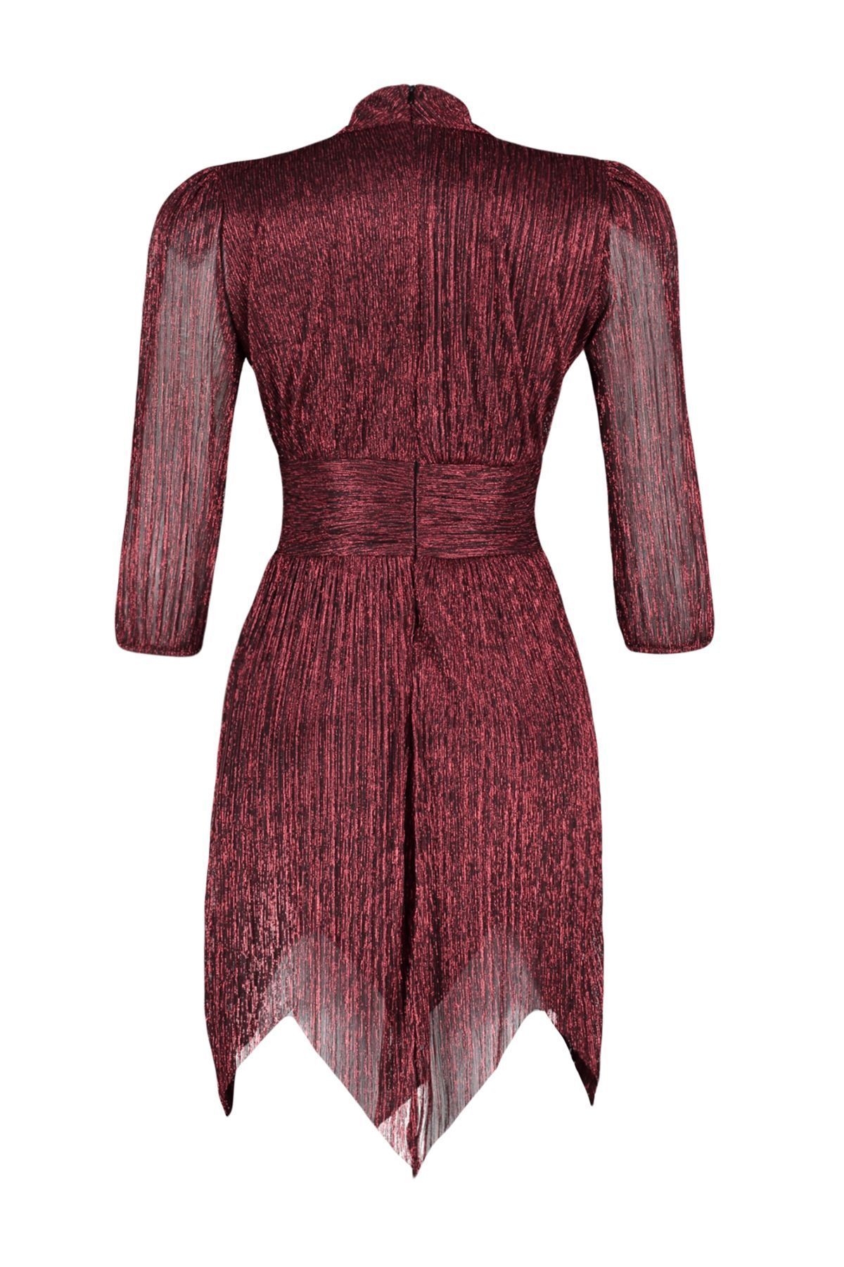 Trendyol Collection-Burgundowa sukienka z tyłu z ozdobnym brokatem, dzianinowa, krótka, wieczorowa, na zakończenie szkoły TPRAW23EL00304 8