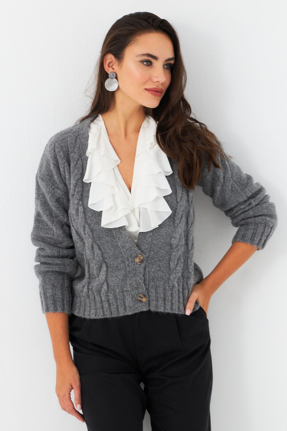 Cool & Sexy-Anthrazitfarbene geflochtene Strickjacke für Damen YV295 4
