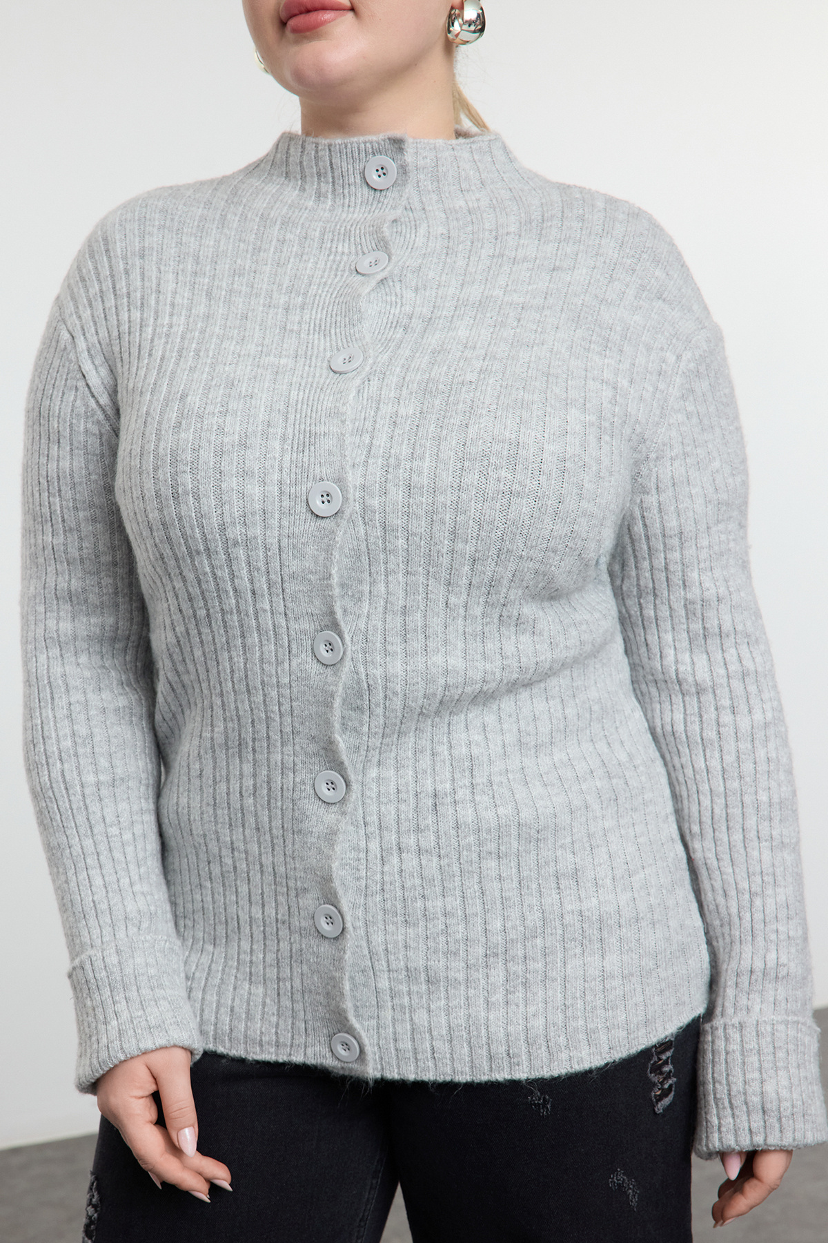 Trendyol Curve-Gray Soft Textured Stand Collar Knitwear Cardigan Tbbaw25Av00023 4