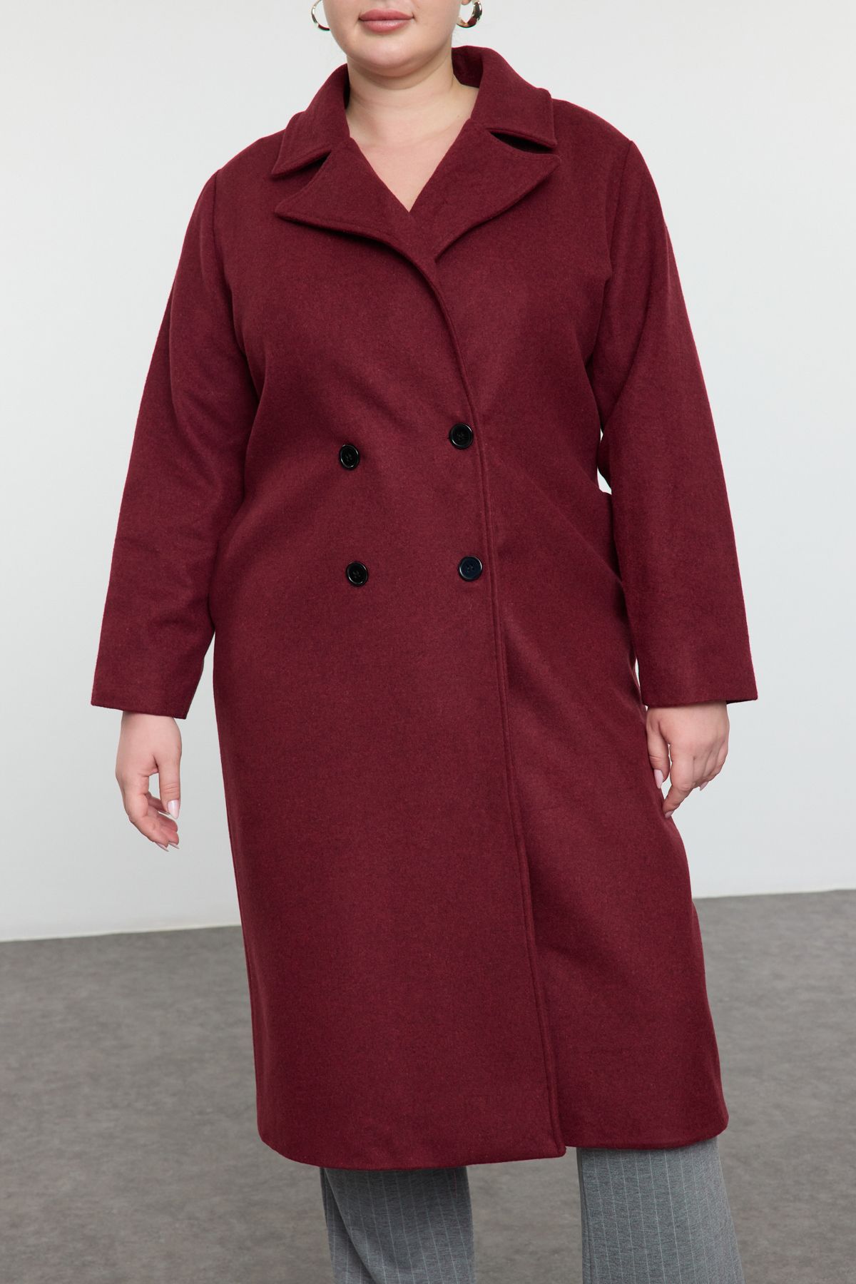 Trendyol Curve-Oversize Burgundy Cashew Coat - Double Breasted Closure, Wool Blend Tbbaw23Kb00002 2