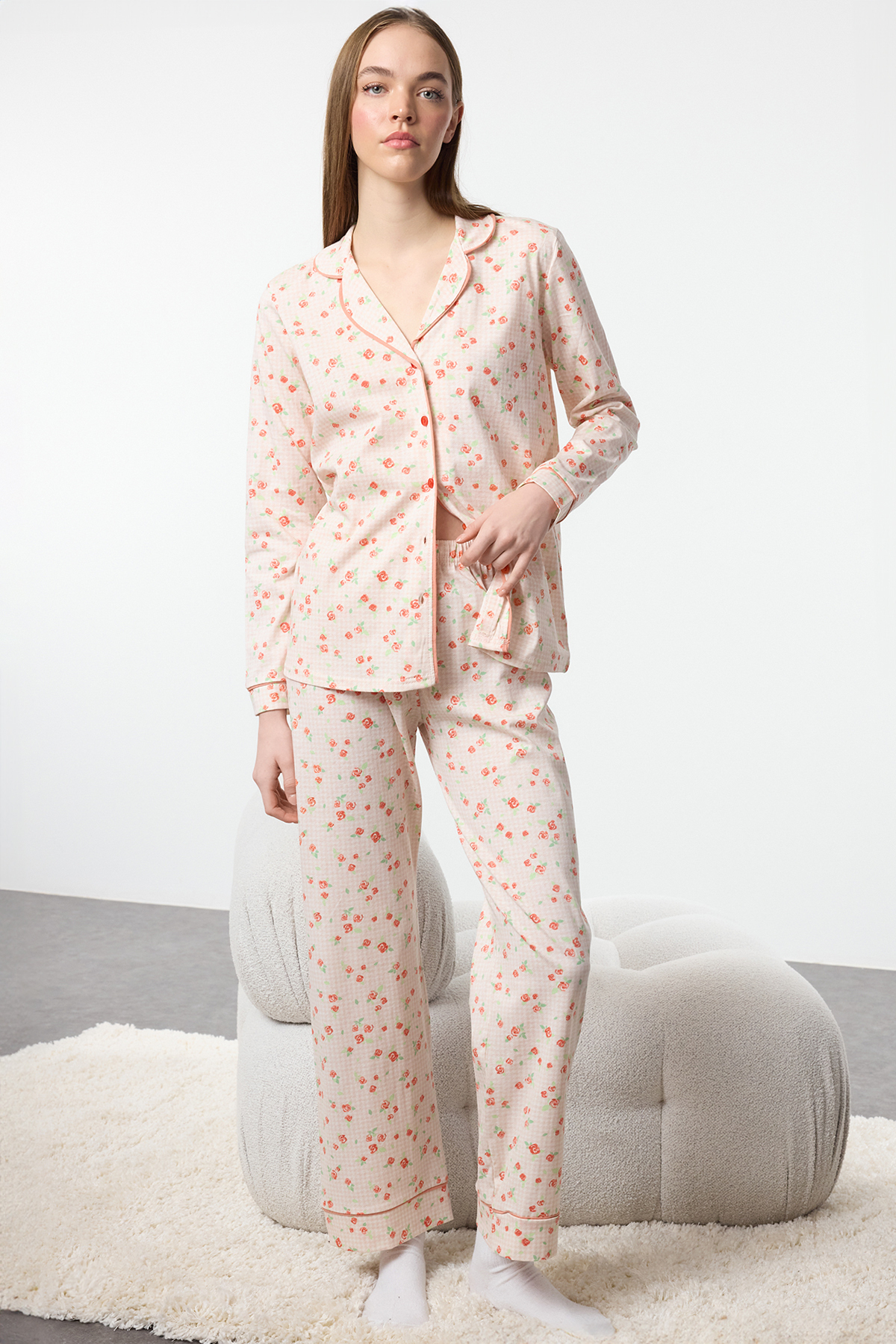 Trendyolmilla  Ekru %100 Pamuklu Çiçekli Biyeli Örme Pijama Takımı THMAW25PT00202 - Görsel 2