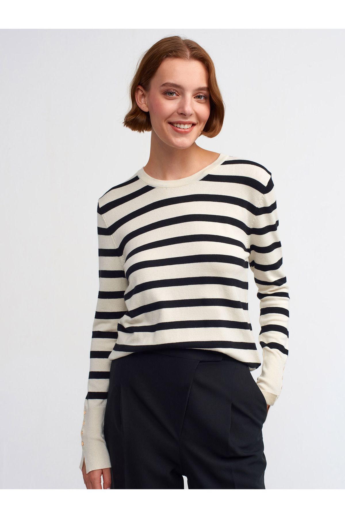 Dilvin-10433 Crew Neck Striped Mid-Sleeve Drolpu Sweater-cream-black 1